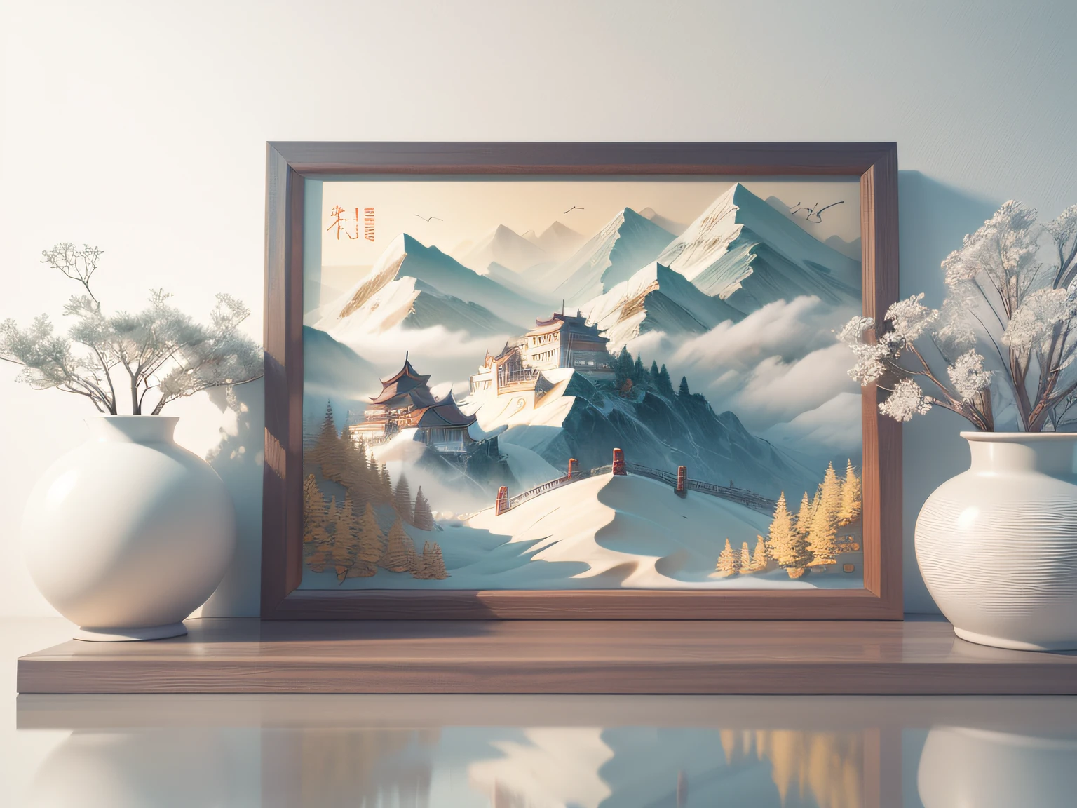 3D white relief, meticulously carved, white ivory carving, chinese illustration on white background, pastel, traditional chinese style, oriental landscape painting, multidimensional paper fog crafts, paper illustration, super wide angle view, dream, 8k, romantic, high resolution, 8k