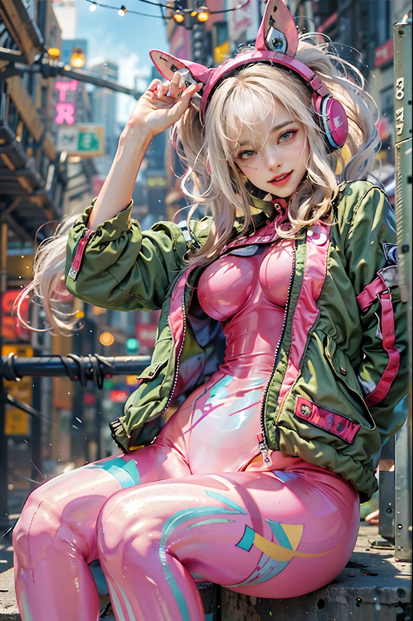 (RAW photo, best quality, masterpiece:1.2), (realistic, photo-realistic:1.4),(masterpiece:1.4),(best quality:1.4),1girl, solo, :d, (cat ear headphones), arms up, bangs, blush, bodysuit, breasts, bunny pose, clothes writing, cowboy shot, cropped jacket, gloves, (((cyberpunk city streets background))), hair intakes, headphones, tech bodysuit, impossible clothes, tech jacket, large breasts, long hair, long sleeves, looking at viewer, large breasts, open mouth, pink bodysuit, pink eyes, red jacket, shiny clothes, shrug \(clothing\), sidelocks, skin tight, smile, (laughing), (((thigh gap))), thighs, twintails, very long hair, white gloves, white hair,alice \(nikke\),(shiny skin),realistic.