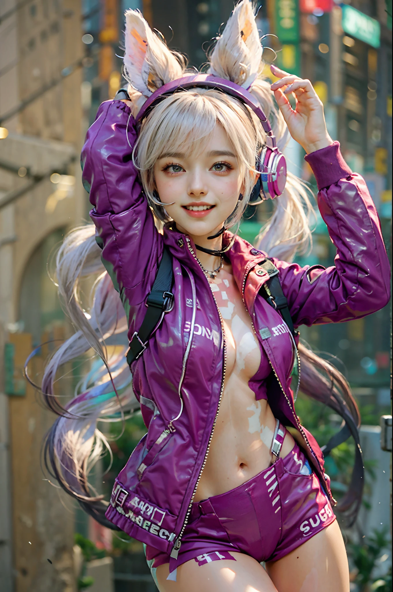 (RAW photo, best quality, masterpiece:1.2), (realistic, photo-realistic:1.4),(masterpiece:1.4),(best quality:1.4),1girl, solo, :d, (cat ear headphones), arms up, bangs, blush, bodysuit, breasts, bunny pose, clothes writing, cowboy shot, cropped jacket, gloves, (((cyberpunk city streets background))), hair intakes, headphones, tech bodysuit, impossible clothes, tech jacket, large breasts, long hair, long sleeves, looking at viewer, large breasts, open mouth, pink bodysuit, pink eyes, red jacket, shiny clothes, shrug \(clothing\), sidelocks, skin tight, smile, (laughing), (((thigh gap))), thighs, twintails, very long hair, white gloves, white hair,alice \(nikke\),(shiny skin),realistic.