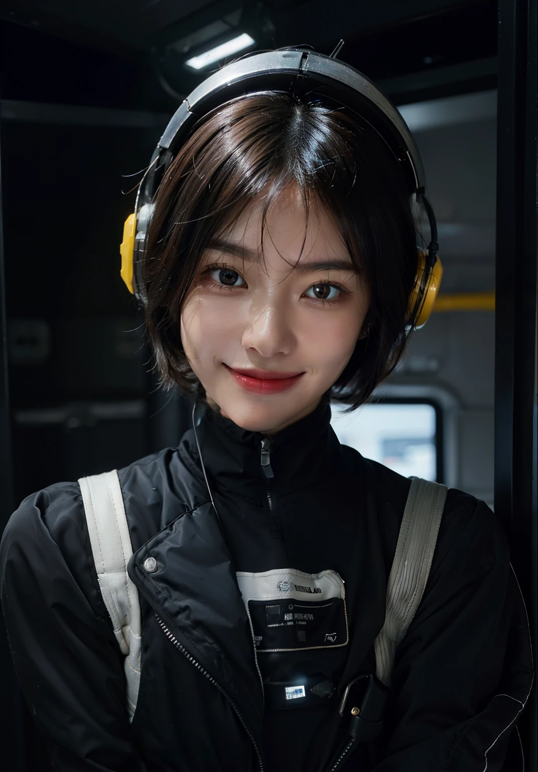 Highest image quality, outstanding details, ultra-high resolution, (realism: 1.4), ((close up:1.3, looking at viewer)), the best illustration, favor details, highly condensed 1girl, (cyberpunk,cybprg), a delicate and beautiful face, (short hair), (wearing baggy spacesuit with metal-ring-helmet-disconnecter, attached black and gray mecha, spacesuit-globes, yellow pipes and codes, flanges on spacesuit), (mark:radioactivity-hazard-symbol), ((revealed only head)), ((smile)), inside nobody spacestation platform