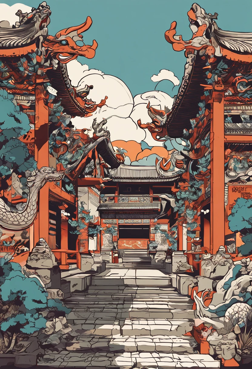 Best quality at best,tmasterpiece,超高分辨率,Nu no people, (The long:1.2),a Oriental Dragons, east asian architecture, daysies, buliding, exteriors, clouds, tag, mont, with her mouth open, blue-sky, teeth, scales, dentes pontiagudos, banya, glowing, fangs, The tree, glowing light eyes, pylons, scenecy