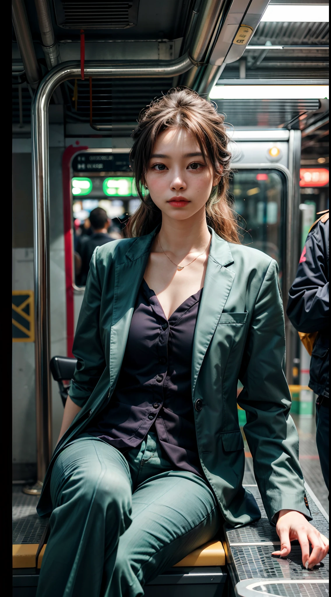 (1girl), solo, latin-girl, long_hair, wearing(green-formal_suit, jewelry), photo(medium-shot), portrait, sitting-poses, pov, blurry_background, background(futuristic-metro_station), (photorealistic, absurdres, best_quality:1.55),