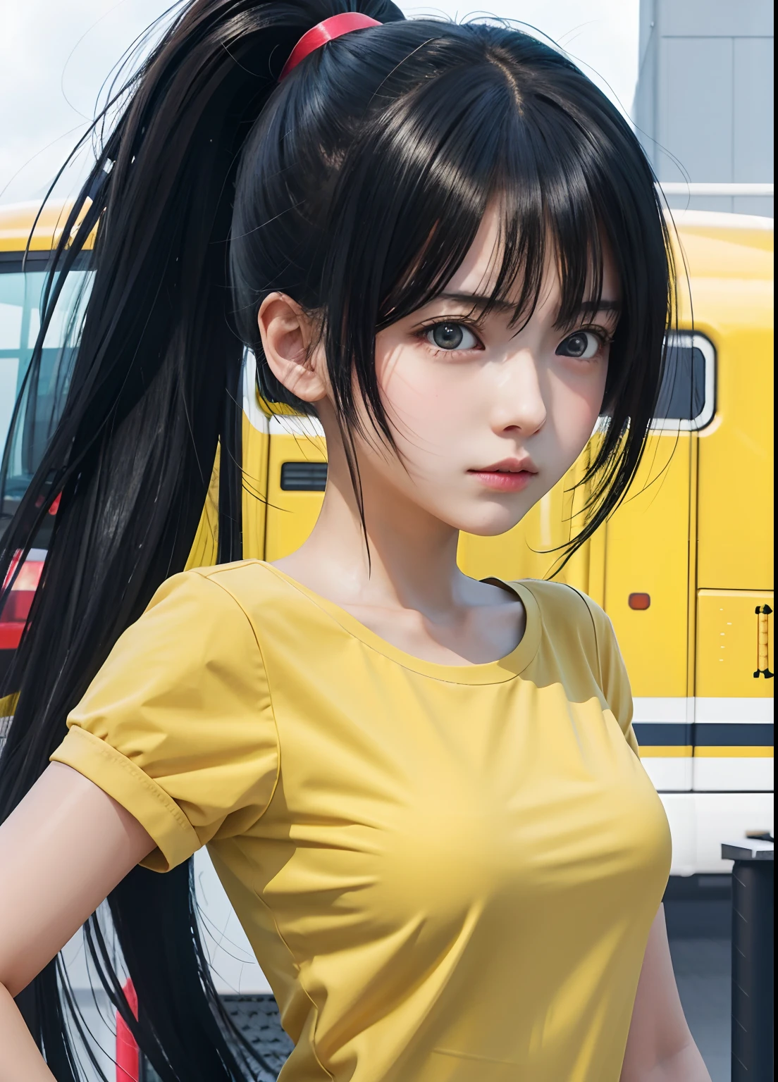 anime girl with ponytail and yellow shirt standing in front of a yellow bus, fine details. girls frontline, anime moe artstyle, smooth anime cg art, girls frontline style, from girls frontline, realistic anime artstyle, sakimi chan, high quality anime artstyle, anime style 4 k, detailed digital anime art, anime style portrait, realistic anime art style