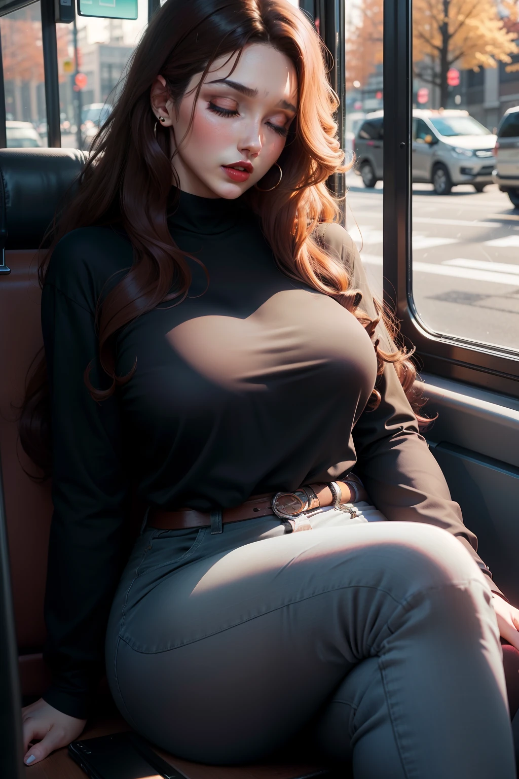 1 beautiful woman, large body, eyes closed, eyelids made up, wavy hair, neckline, SHORT BLACK DRESS, BLACK JACKET, BLACK PANTYHOSES, BLACK BOOTS, black bag, hands crossed, asleep, asleep sitting on the bus, MOUTH OPEN.