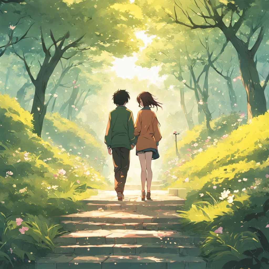 anime, garota, Floresta, mochila,From afar a girl kissing a boy in a white shirt and green pants in the forest with dried leaves on the ground and some rabbits, beijo apaixonado distante, se beijando ao longe ( ( Makoto Shinkai ) ), Makoto Shinkai Cirilo Rolando, Makoto Shinkai e Tom Bagshaw, Makoto Shinkai. digital rendering, Estilo de Makoto Shin
