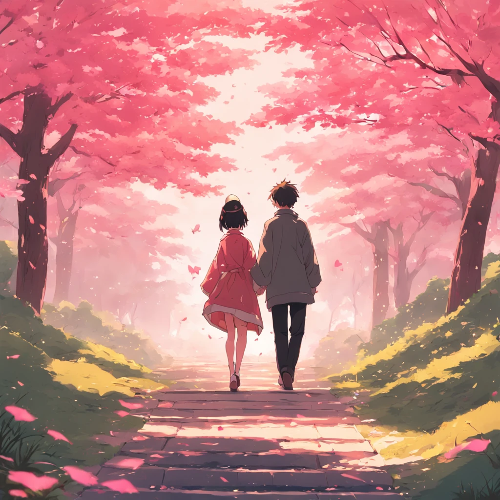 A romantic couple walking together in a spring japanese garden. Anime flat illustration Art style