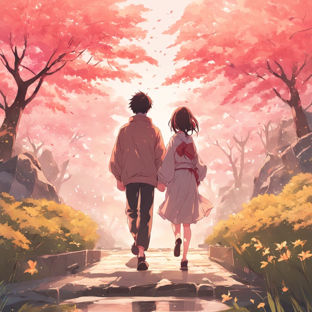 A romantic couple walking together in a spring japanese garden. Anime flat illustration Art style