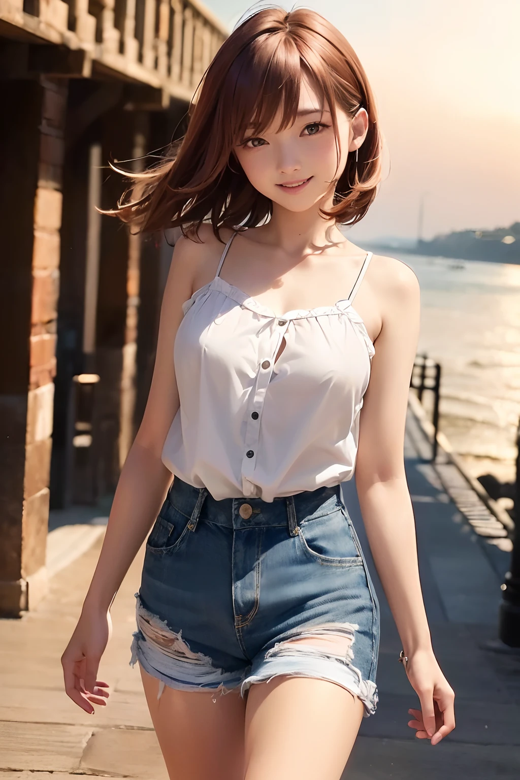(((Walking along the seaside))、(((Sunset)))、(middlebreasts、tomgirl、the head is small))、sunlights、(the perfect body : 1.1)、(Short straight hair : 1.2)、reddish brown hair、(((Put out your right hand)))、((Red hairpin)), ((With smiling eyes)) (((great laughter)) white  shirt、((denim short pants))、(Highly detailed CG 8K wallpaper)、(extremely delicate and beautiful)、(​masterpiece)、(top-quality:1.0)、(超A high resolution:1.0)、beautiful  lighting、perfect lightning bolt、realistic shadow、[hight resolution]、Detailed skin、ultra-detailliert