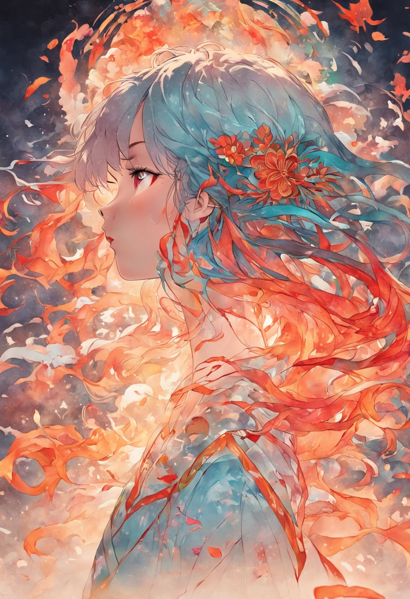 (White background:1.4),(Silhouette of a Girl's Head, eyes closed, colorful long hair, Oriental elements)，(Chinese illustration:1.3，paper art:1.3, Quilted paper art:1.2),( reasonable design, Clear lines, High sharpness,best quality, Very detailed, masterpiece, movie lighting effects, 4K )