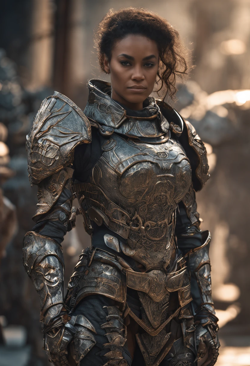 Full body wide angle shot, woman beautiful face warrior wearing heavy iron body armor, very detailed and intricate, super minimalist, elegant, gorgeous, surreal, super detailed, cinematic light, dark fantasy, ConceptArtWorld, end of the world, grumpy, masterpiece ,