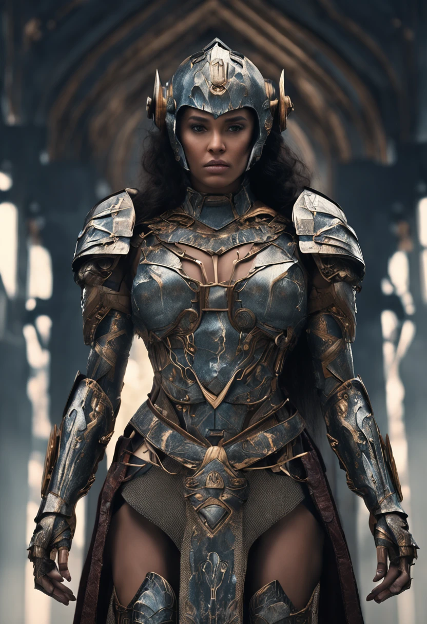 Full body wide angle shot, woman beautiful face warrior wearing heavy iron body armor, very detailed and intricate, super minimalist, elegant, gorgeous, surreal, super detailed, cinematic light, dark fantasy, ConceptArtWorld, end of the world, grumpy, masterpiece ,