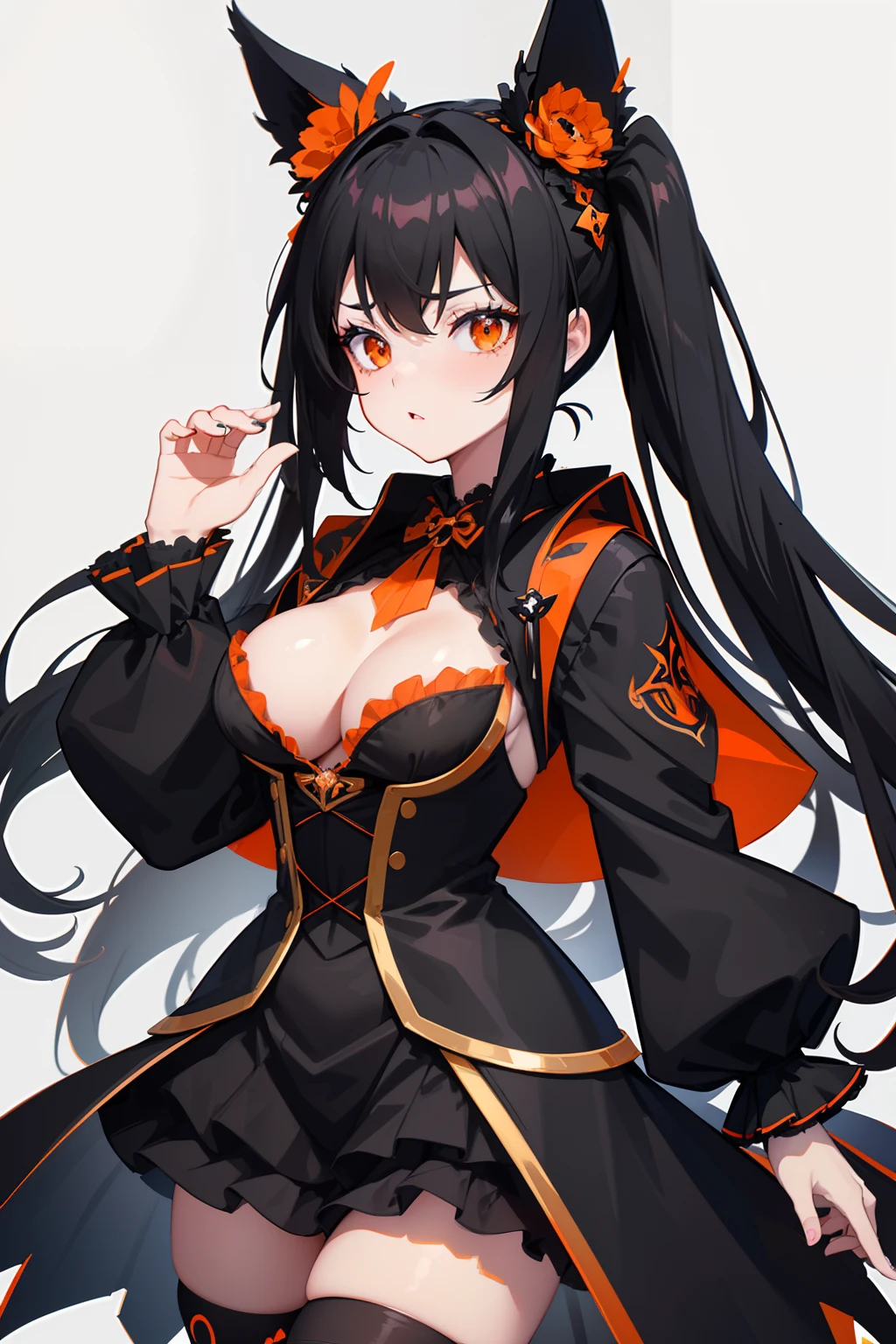 Detailed black and orange bunny girl headband ears, A dark-haired, Petite 18 year old girl with cute anime face in black and orange costume, Lolita Gothic, black - haired mage, Stylized anime, Mystic Anubis Wizard, Strict witch, A well-groomed face, Nicely trimmed eyes, High quality, well-formed large breasts, full body photographed