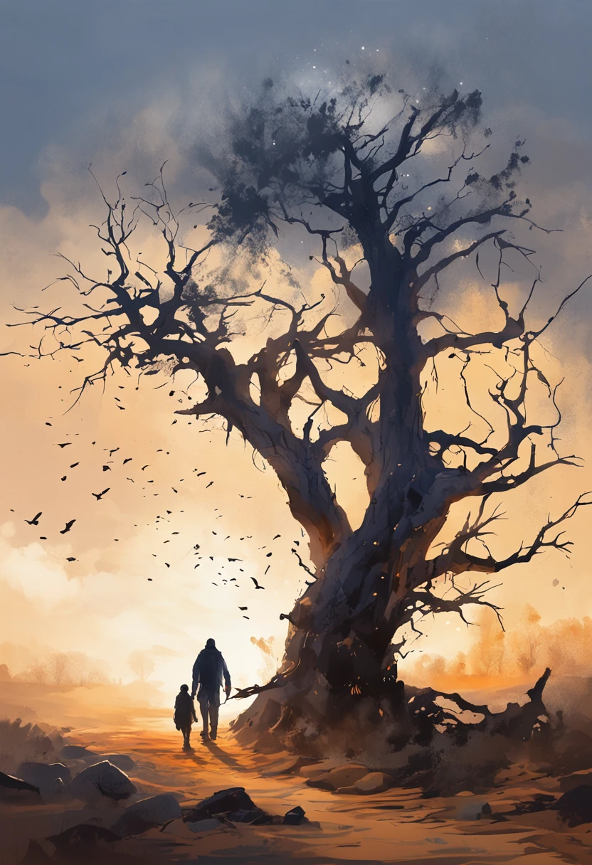 two crows in a dead tree, a shadow shaped like a man walking, starry night, dense fog on the ground, blue bright light in the horizon, Unreal Engine 5, Cinematic, low angle Photography, motion blur, Depth of Field, dust, pebbles and mud. splash art, dripping paint. Perfect color grading. influenced by karel Appel and jeremy mann, A scene that is dramatic and threatening, hyper-detailed, beautiful, insane details, intricate details, Editorial Photography, Shot on 50mm lens, Depth of Field, Tilt Blur, Shutter Speed 1/1000, F/22. lightmapping, Ultrabright