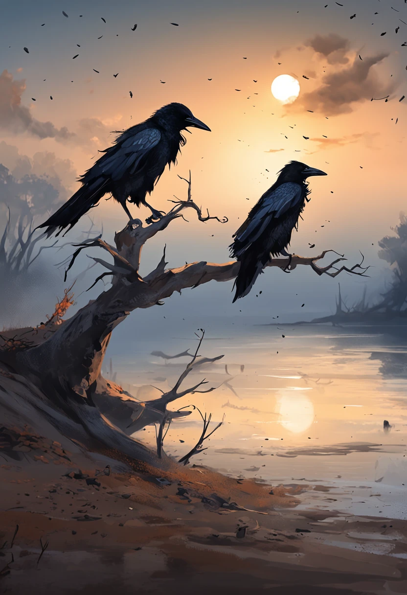 two crows in a dead tree, a shadow shaped like a man walking, starry night, dense fog on the ground, blue bright light in the horizon, Unreal Engine 5, Cinematic, low angle Photography, motion blur, Depth of Field, dust, pebbles and mud. splash art, dripping paint. Perfect color grading. influenced by karel Appel and jeremy mann, A scene that is dramatic and threatening, hyper-detailed, beautiful, insane details, intricate details, Editorial Photography, Shot on 50mm lens, Depth of Field, Tilt Blur, Shutter Speed 1/1000, F/22. lightmapping, Ultrabright
