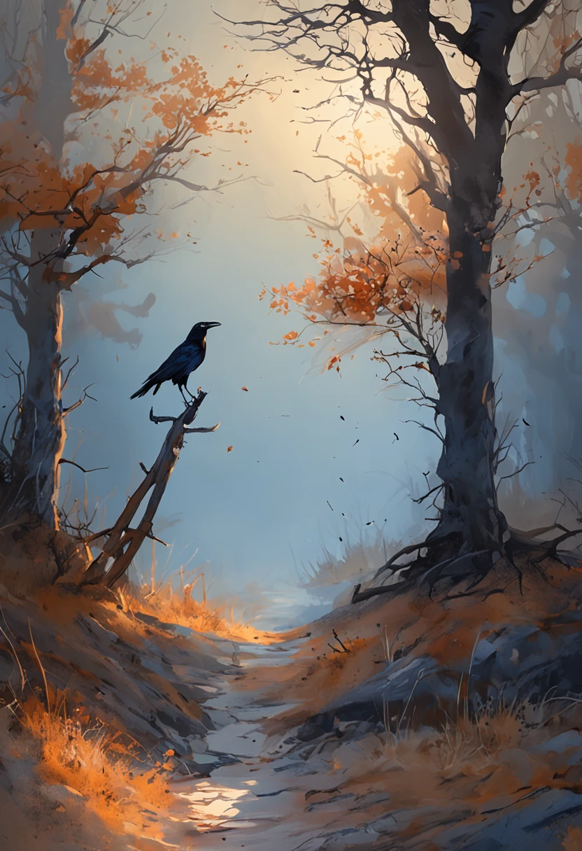 two crows in a dead tree, a shadow shaped like a man walking, starry night, dense fog on the ground, blue bright light in the horizon, Unreal Engine 5, Cinematic, low angle Photography, motion blur, Depth of Field, dust, pebbles and mud. splash art, dripping paint. Perfect color grading. influenced by karel Appel and jeremy mann, A scene that is dramatic and threatening, hyper-detailed, beautiful, insane details, intricate details, Editorial Photography, Shot on 50mm lens, Depth of Field, Tilt Blur, Shutter Speed 1/1000, F/22. lightmapping, Ultrabright