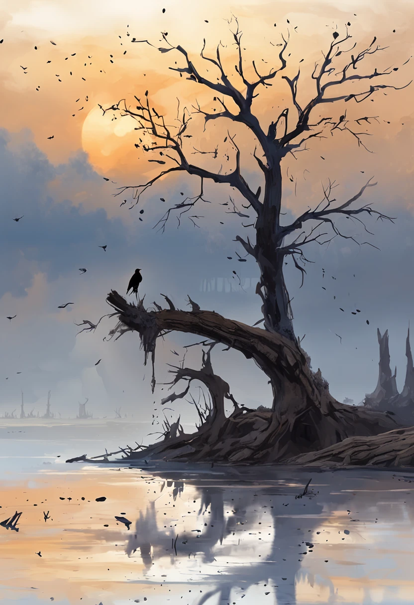 two crows in a dead tree, a shadow shaped like a man walking, starry night, dense fog on the ground, blue bright light in the horizon, Unreal Engine 5, Cinematic, low angle Photography, motion blur, Depth of Field, dust, pebbles and mud. splash art, dripping paint. Perfect color grading. influenced by karel Appel and jeremy mann, A scene that is dramatic and threatening, hyper-detailed, beautiful, insane details, intricate details, Editorial Photography, Shot on 50mm lens, Depth of Field, Tilt Blur, Shutter Speed 1/1000, F/22. lightmapping, Ultrabright