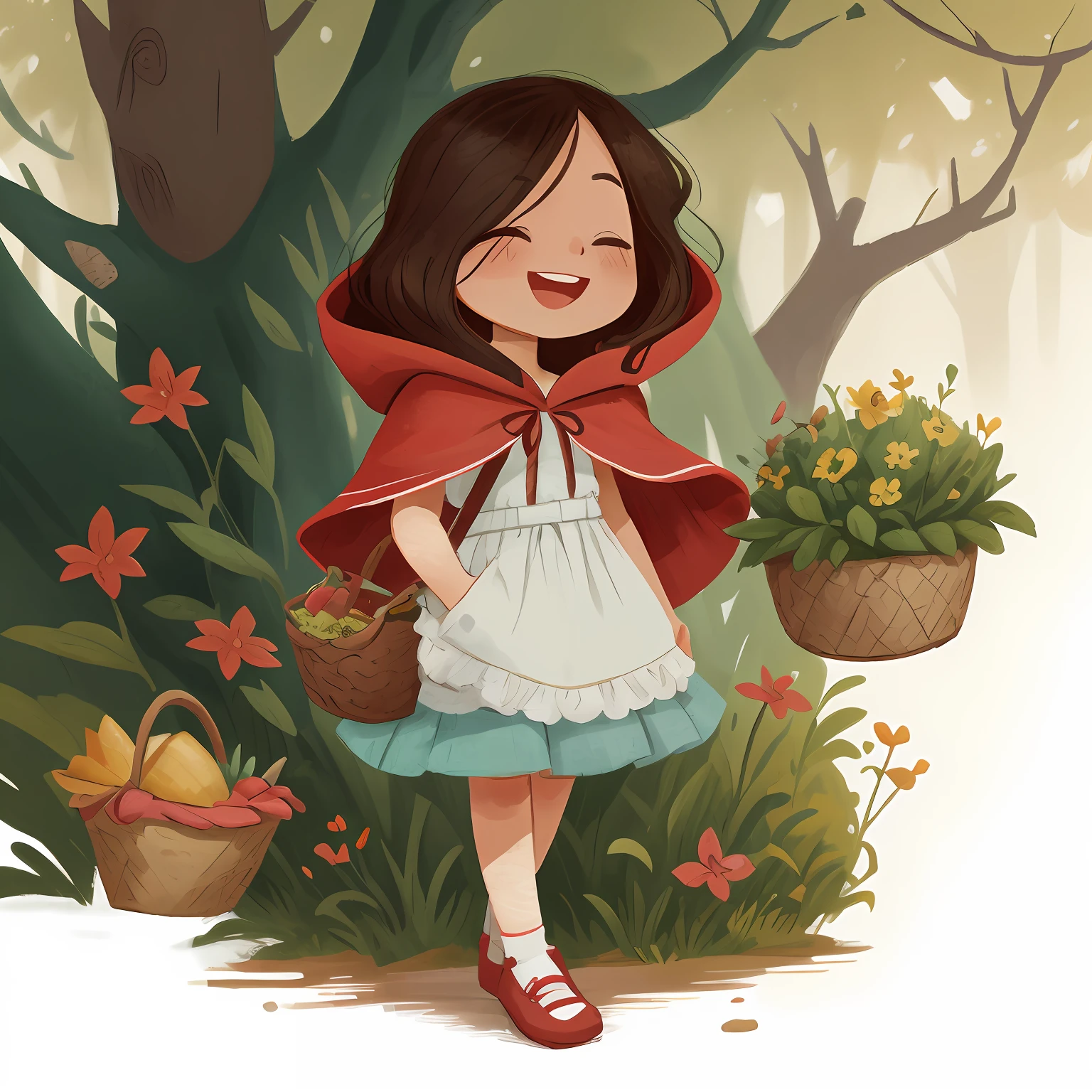 Draw a cartoon girl holding a basket and a red hooded cape standing on a delicate shoe, cabelo solto longo escuro encaracolado, cabelo cumprido encaracolado,vestindo vestido delicado rodado com avental branco estilo camponesa, chapeuzinho vermelho, Chapeuzinho vermelho fofa, Directed by: Veronica Ruiz de Velasco, by Almeida Júnior, inspirado em Claire Hummel, Directed by: Emma Rios, bonita sorridente, Directed by: Márta Lacza, desenho infantil chapeuzinho vermelho estilo 2d, arte fofa em 2d, desenho de fundo cutie, Caminhando na floresta, caminhando no bosque.