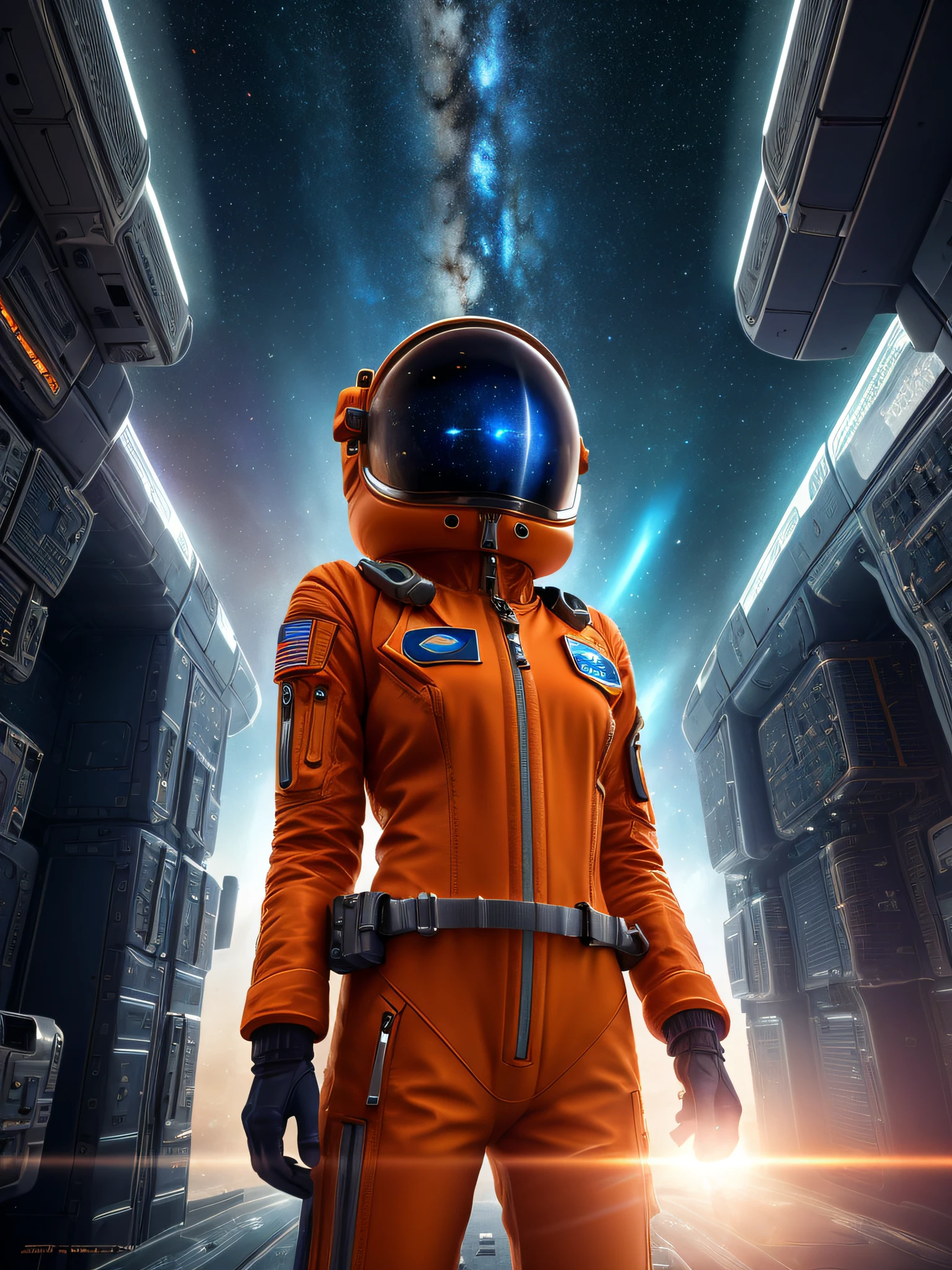 Simpatic Italian woman (32 years), (orange space suit:1.3), (standing in space capsule:1), (open zipper:1.4), unified 8k wallpaper, super detailed, beautiful and aesthetic, beautiful, masterpiece, best quality, raw, masterpiece, super fine photo, best quality, super high resolution, photorealistic realism, sunlight, full-body portrait, amazing beauty, dynamic pose, erotic, sexy, delicate face, vibrant eyes, (from the front), blue color scheme, open chest, very detailed abandoned spaceship, detailed face, detailed complex stars background, messy, gorgeous, milky way, highly detailed skin, realistic skin details, visible pores, sharp focus, volumetric fog, 8k uhd, DSLR camera, high quality, film grain, fair skin, photo realism, huge space metropolis in future dystopia, seen from below, translucent, masterpiece, best quality, high quality, High definition, High quality texture, High quality shadow, high detail, realistic, Cinematic Light, sidelighting, Lens Flare, Ray tracing, sharp focus,