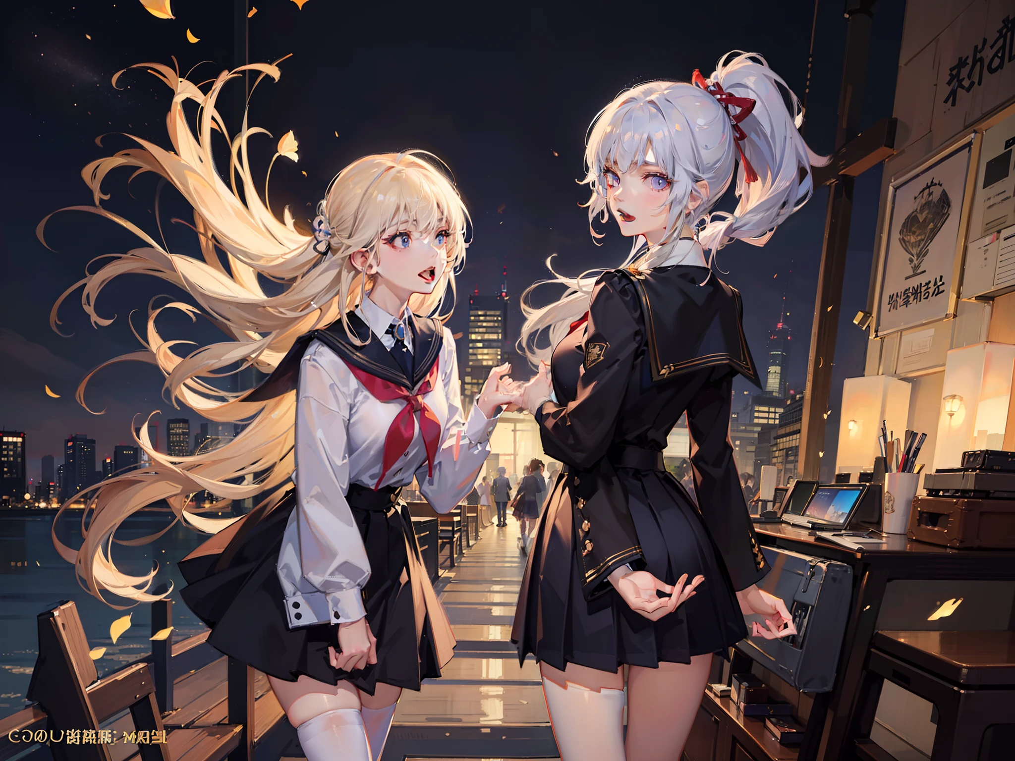((top-quality、8K、Manhwa Style:1.4、tmasterpiece，Double，couple))、back Lighting、Superskirt、JK school uniform、Beautiful Japanese woman、18yr old、white stockings、with short white hair、Ultra-delicate skin、beautiful make up、A detailed eye、A smile、open open mouth、