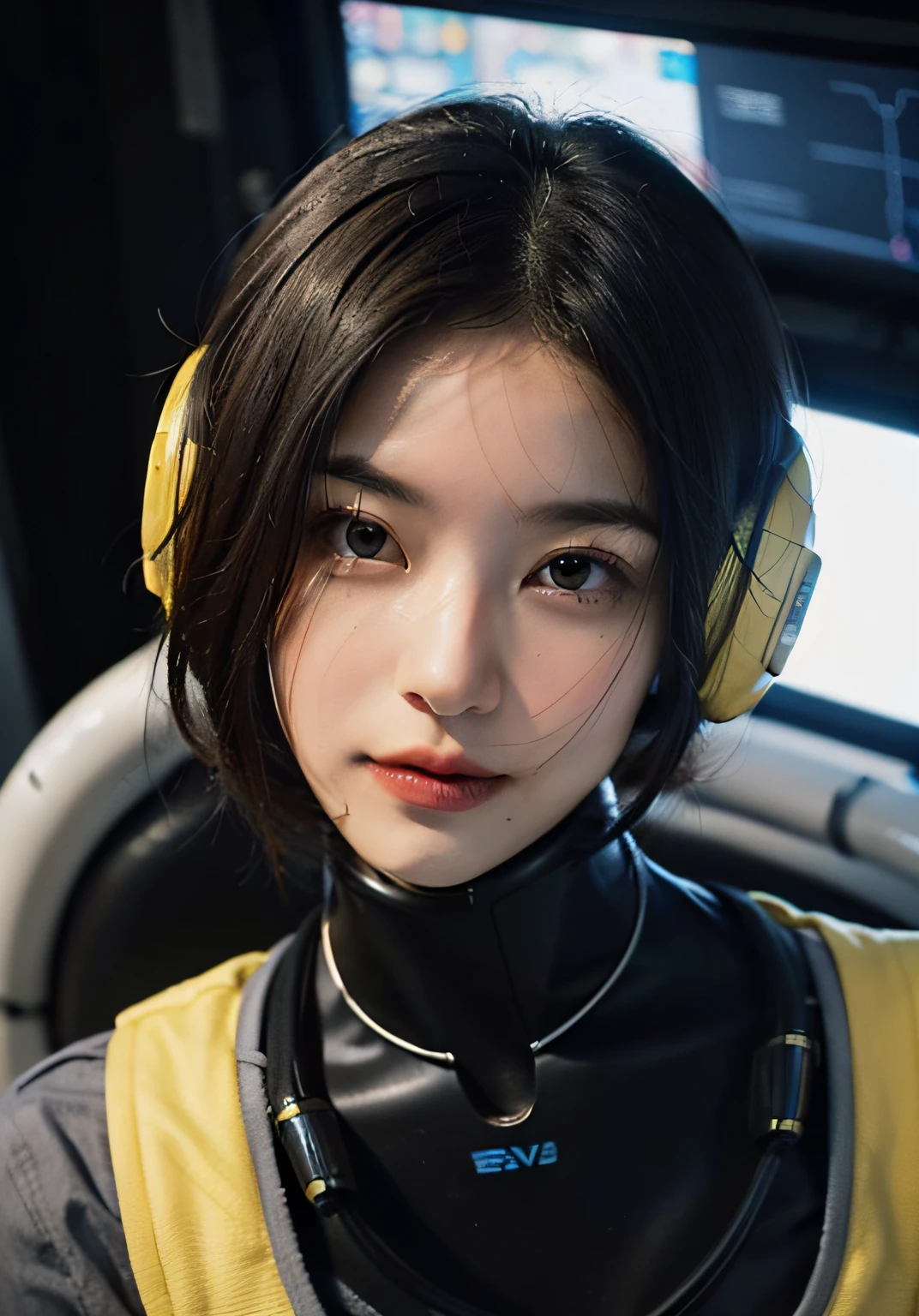 Highest image quality, outstanding details, ultra-high resolution, (realism: 1.4), ((close up:1.3, looking at viewer)), the best illustration, favor details, highly condensed 1girl, (cyberpunk,cybprg), a delicate and beautiful face, (short hair), (wearing baggy spacesuit with metal-ring-helmet-disconnecter, attached black and gray mecha, spacesuit-globes, yellow pipes and codes, flanges on spacesuit), (mark:radioactivity-hazard-symbol), ((revealed only head)), ((smile:0.75)), inside nobody spacestation platform