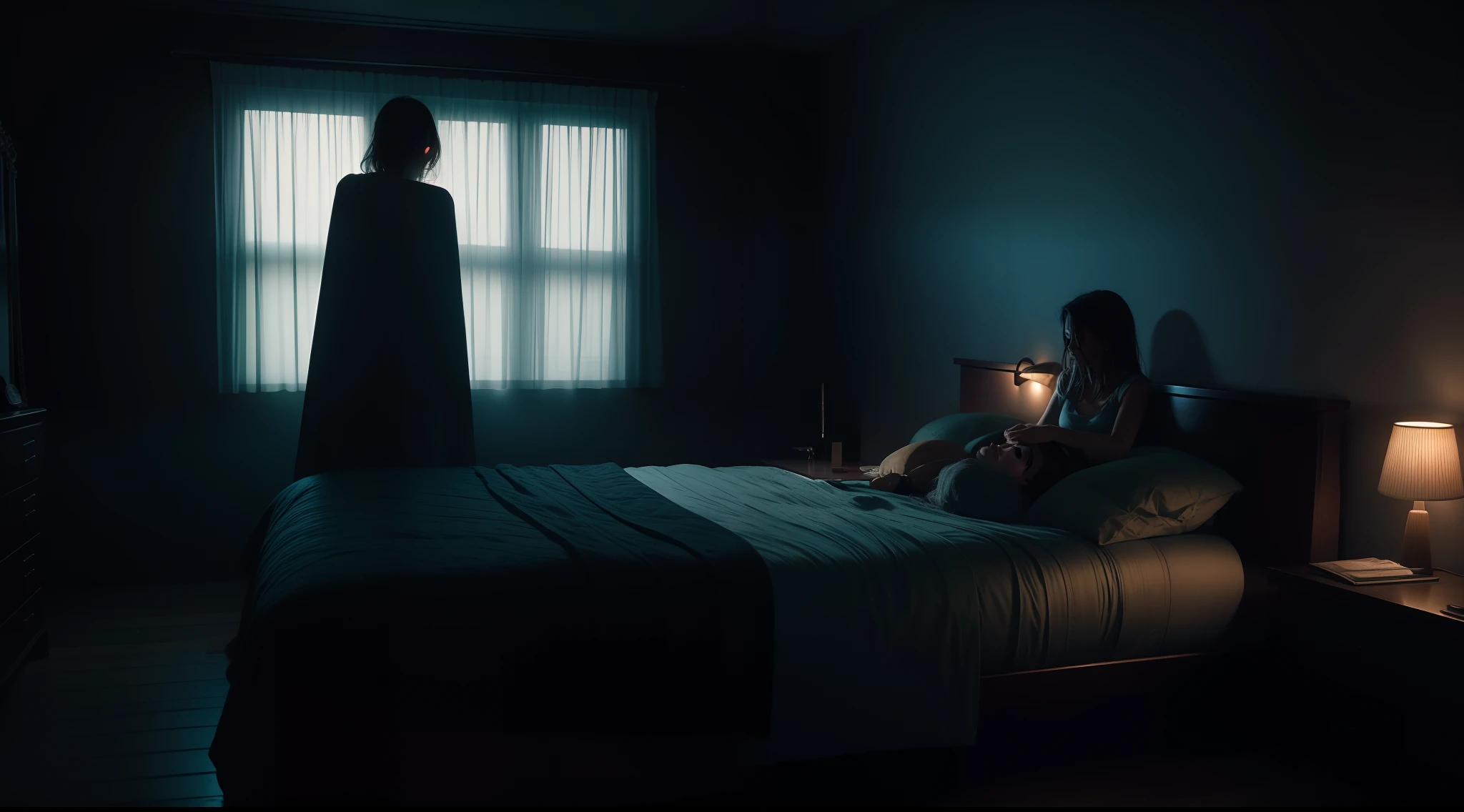 Woman waking up in the middle of the night sweaty, nightmares, shadows, night terrors, nightmare, cursed mirror, shadows realistic image