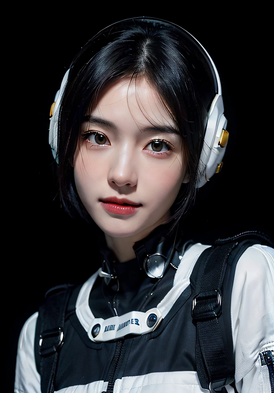 Highest image quality, outstanding details, ultra-high resolution, (realism: 1.4), ((close up:1.3, looking at viewer)), the best illustration, favor details, highly condensed 1girl, (cyberpunk,cybprg), a delicate and beautiful face, (short hair), (wearing baggy spacesuit with metal-ring-helmet-disconnecter, attached black and gray mecha, spacesuit-globes, yellow pipes and codes, flanges on spacesuit), (mark:radioactivity-hazard-symbol), ((revealed only head)), ((smile:0.75)), inside nobody spacestation platform