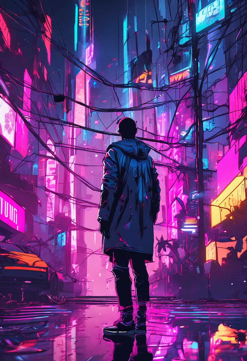 (masterpiece, top quality, best quality, official art, beautiful and aesthetic:1.2),(blue purple neon lighting), (vibrant glow), dynamic colors, striking contrast, futuristic vibe, electric energy,reflective surfaces,(cityscape:1.3),8k,official wallpaper, (cyberpunk:1.2) ,futrue