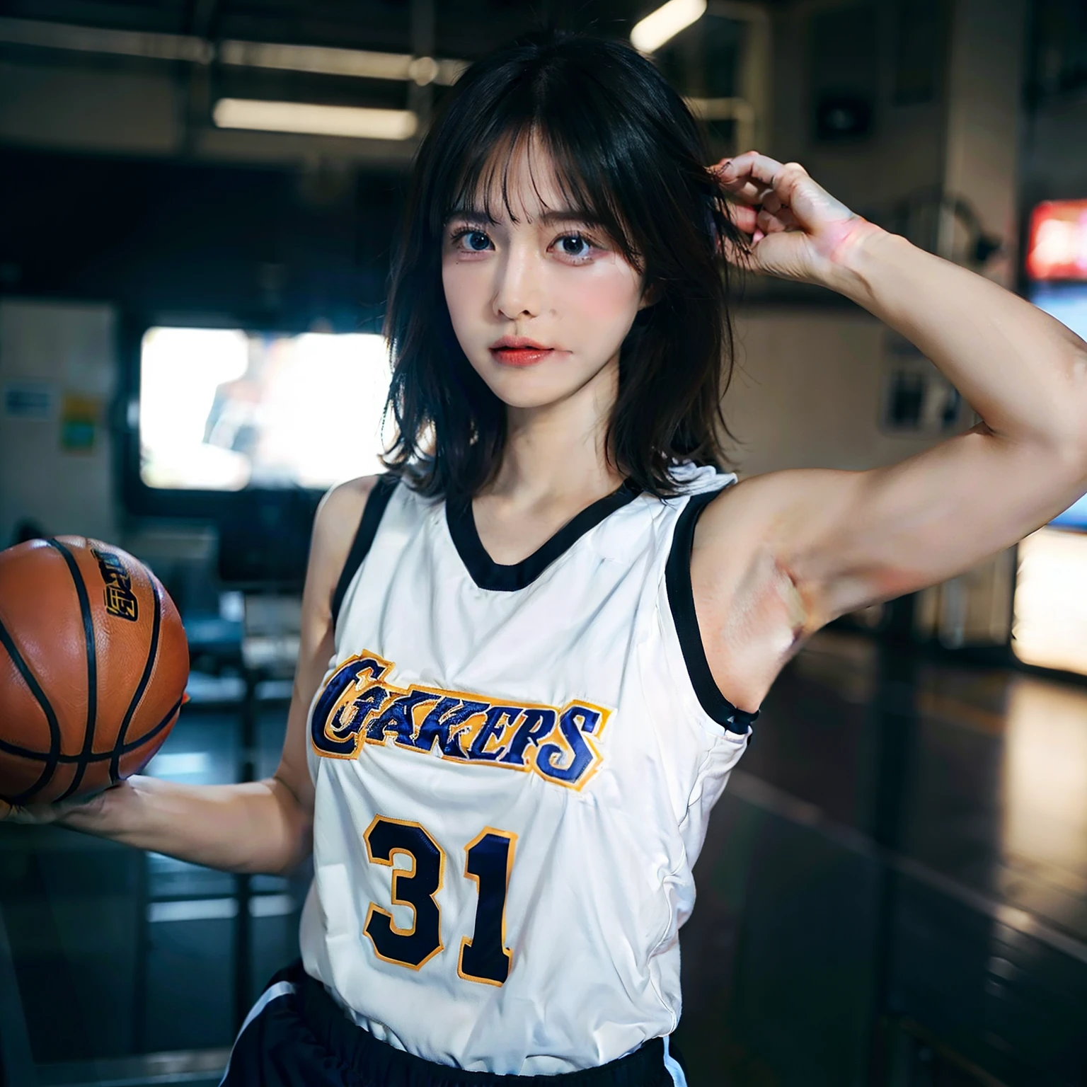 1girl, big breast, basketball jersey, play basketball, armpit, muscle, blue eyes, high quality, best quality, 8k, masterpiece, details