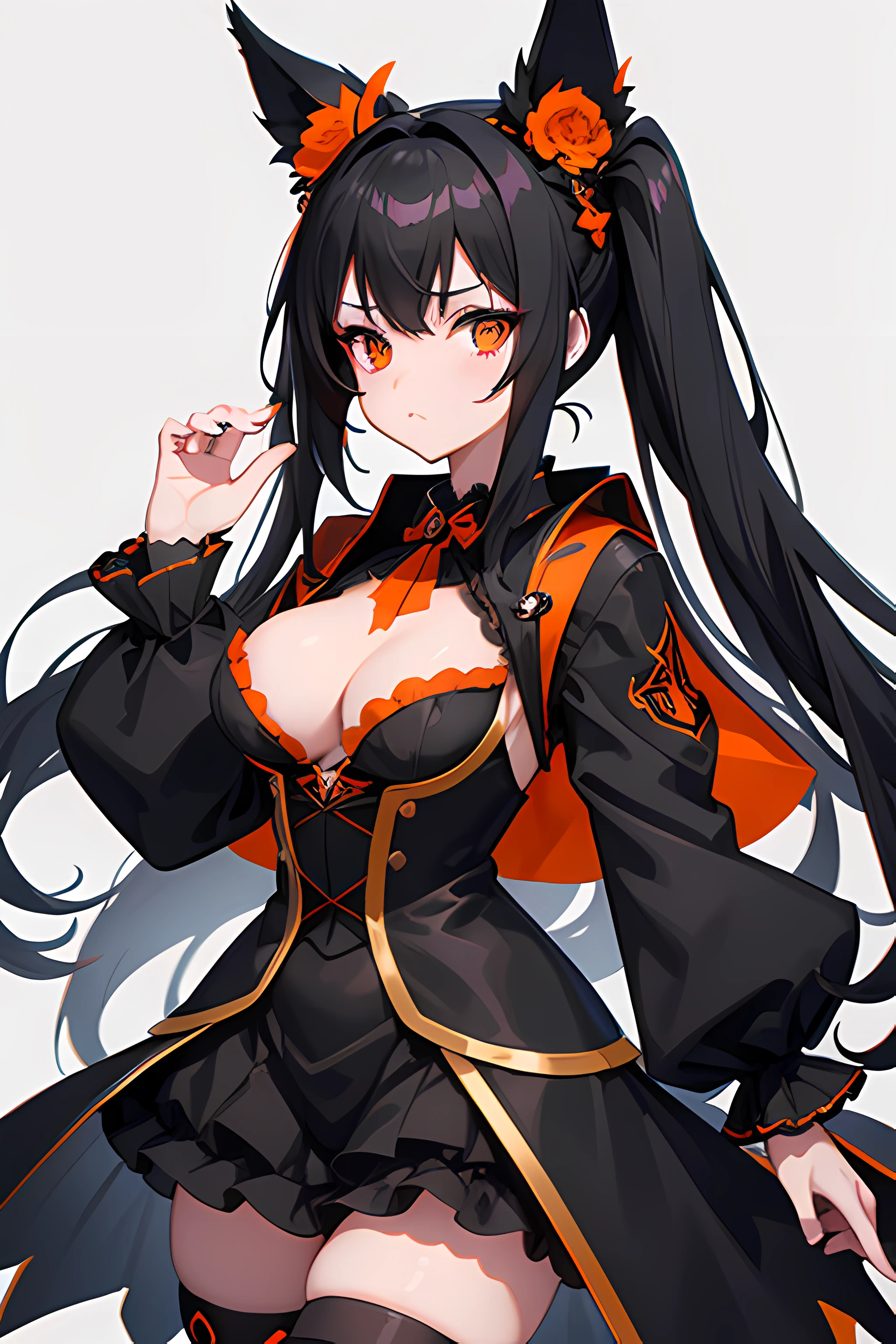 Detailed black and orange bunny girl headband ears, A dark-haired, Petite 18 year old girl with cute anime face in black and orange costume, ta Gothic, black - haired mage, Stylized anime, Mystic Anubis Wizard, Strict witch, A well-groomed face, Nicely trimmed eyes, High quality, well-formed large breasts, full body photographed