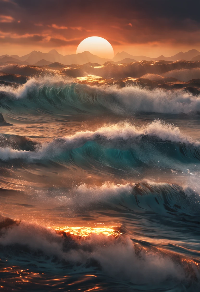 Masterpiece, best quality, (8k very detailed CG unit wallpaper) (best quality), (best illustration), (best shadows) a golden sea wave, bright orange aol sunset through the wave, golden droplets flying, (:1.6)