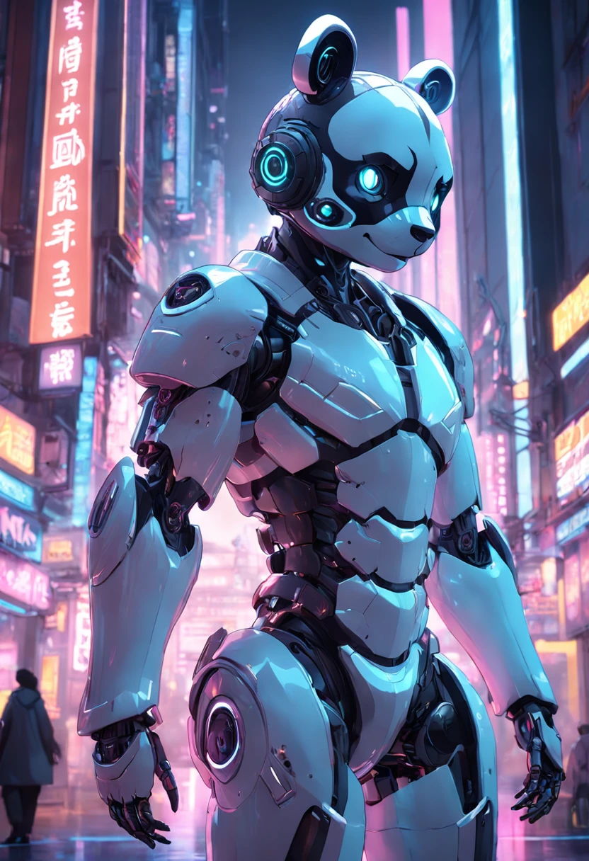personification,Transparent mechanical panda,Cyberpunk, dreamy glow, luminous neon lights, ( Global illumination, Ray traching, hdr, unreal render,reasonable design, high detal, Masterpiece, Best quality, hyper HD, Cinematic lighting), Mecha musume