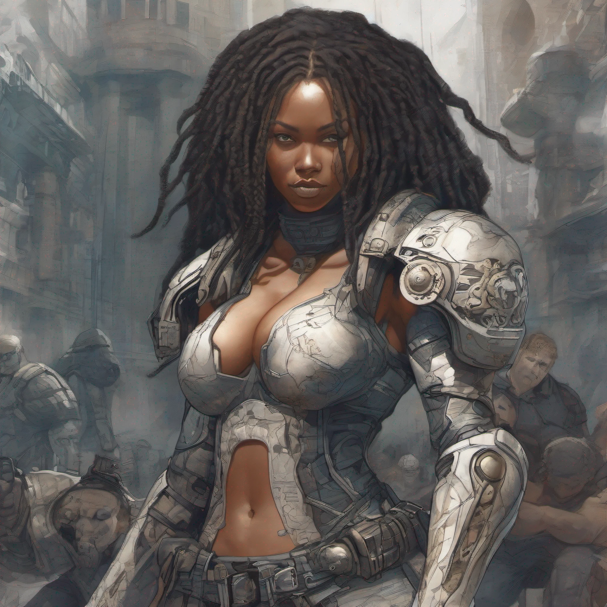 (((NSFW, desenho de linha, Desenho em aquarela, best quality, Ultra Detalhado, master part, 1 mulher negra de 21 anos, pele negra, corpo inteiro, corpo magro, Gears of War estilo sci-fi NSFW caça))), ((1 mulher negra de 21 anos, pele negra, cabelo dreadlock, beautiful face, rosto bem desenhado, symmetrical face, detailed hands, well drawn hands, symmetric eyes, corpo magro: 1.2, sci-fi soldier, Usando NSFW Armor Sci-Fi, corpo magro esbelto, corpo inteiro)), dynamic pose, Pose de combate, motor ureal 5, 8k, drama ao vivo, apocalyptic cityscape, proporcional, symmetric, proportion Aurea, art-station, Velhaco, Dynamic Combat Pose, Steampunk