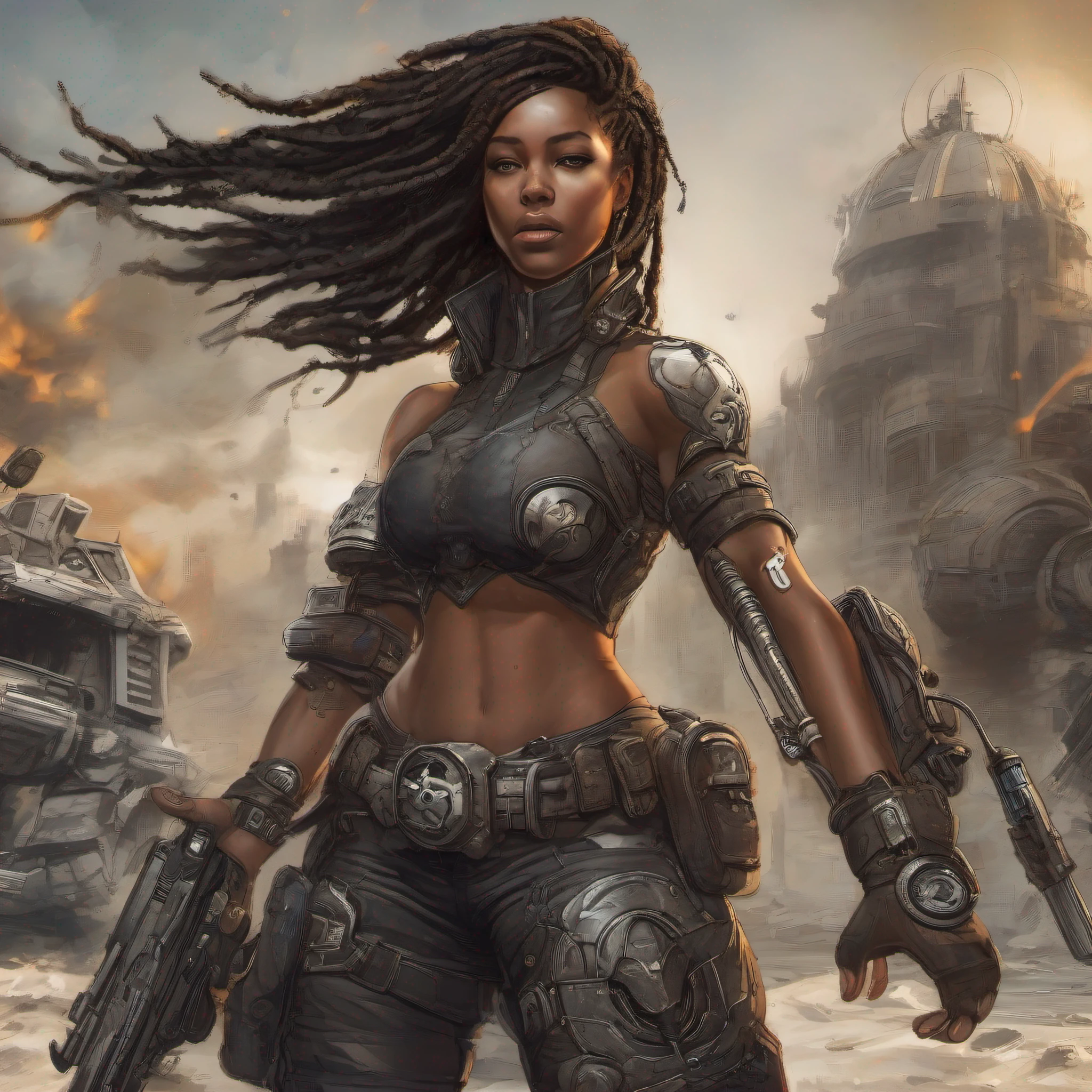 there is a woman in a corset holding a gun, vector art by Mustafa Rakim, Artstation, afrofuturism, black woman, afro, afro futurism, pretty samurai with afro, afro futuristic, afrofuturistic, a black dieselpunk policewoman, afroamerican, black art, black female, black girl, samurai with afro, extremely high quality artwork, afrofuturist