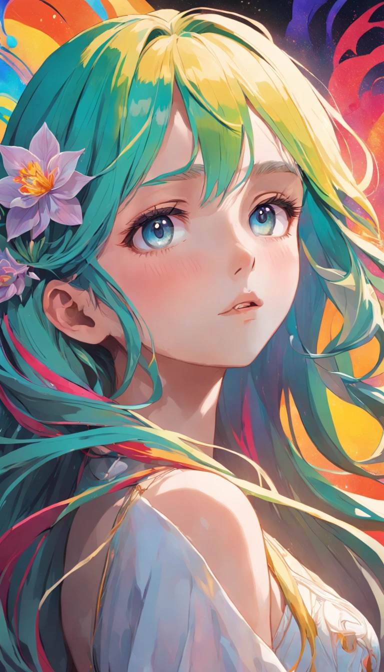 (Beauty side face,Long colored hair,close eyes,Masterpiece narcissus),rainbow colored background, (illustration:1.2,paper art:1.2, zentangle, 3D render),(Best quality, high detailed, Masterpiece, Cinematic Lighting, 4K, Chiaroscuro)