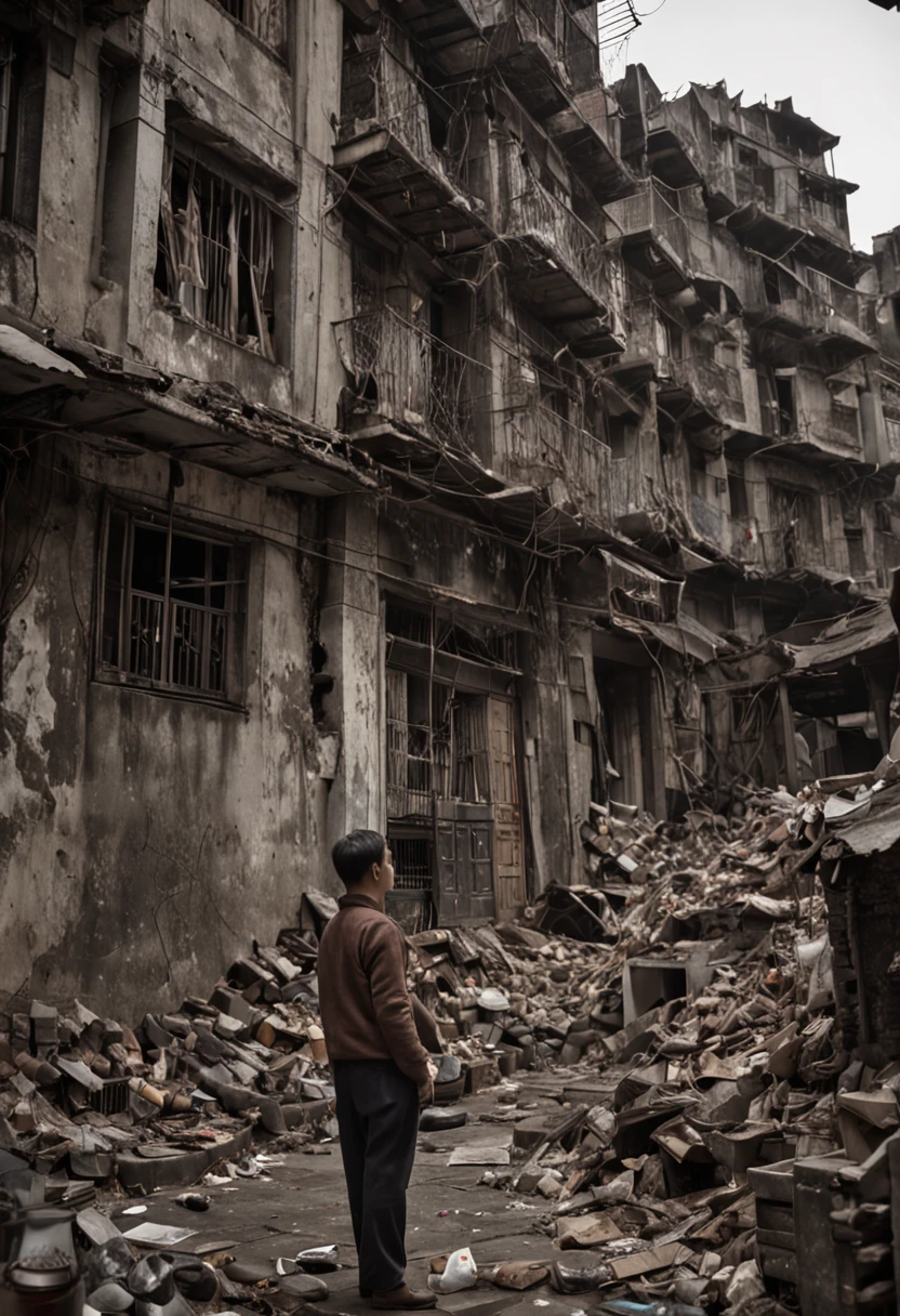 Cinema lenses,cinmatic lighting,Photo ,Dark thirties,Ruined city,Hong Kong movie scenes,Kowloon Walled City,Cluttered city characters