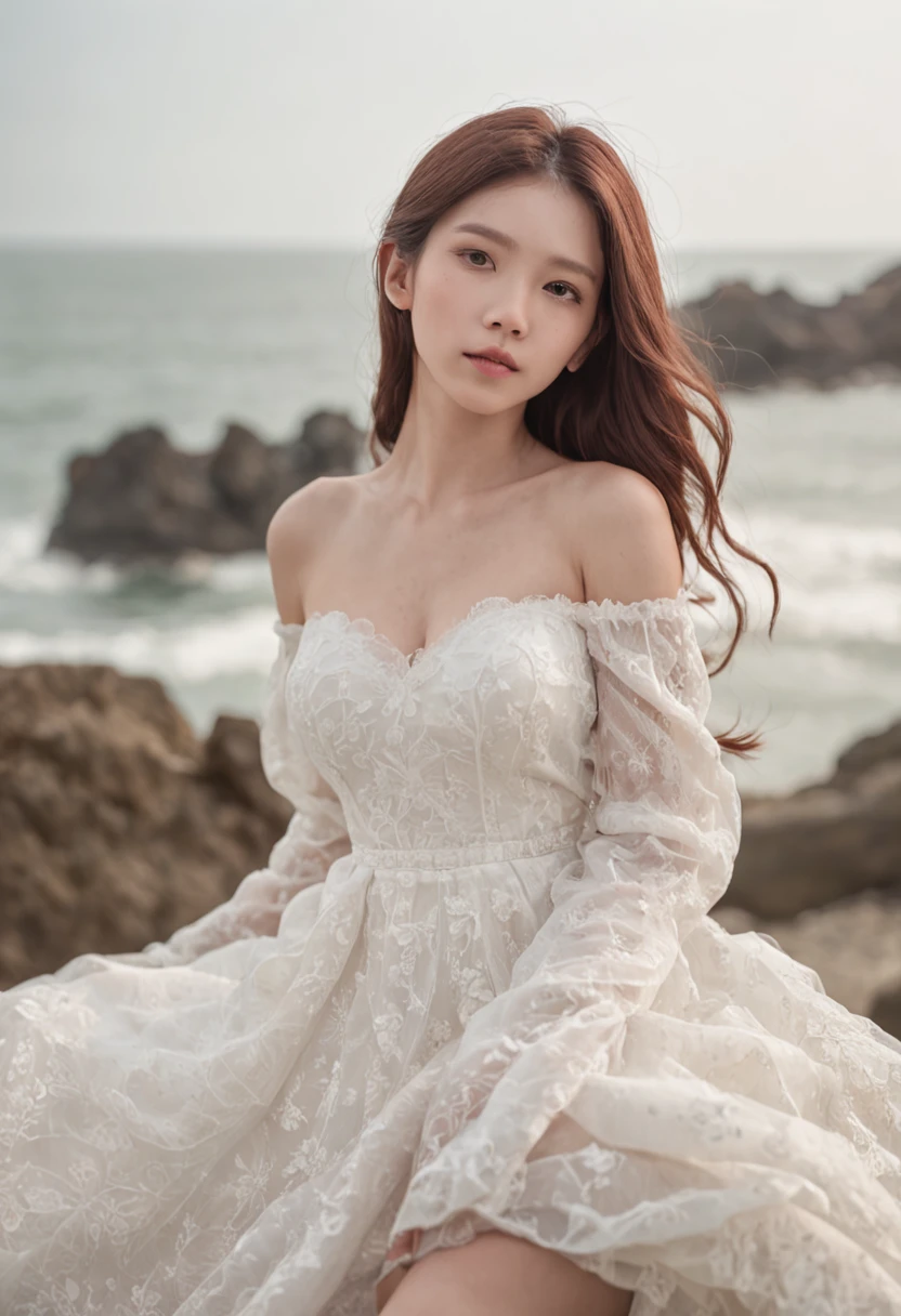 Sweet girl by the sea,voluminous hair,Delicate face,Photorealsitic,of a real,largeaperture,wears a white dress,Cropped dress,Off-the-shoulder,Dress around the neck,Slim,sexy for,超高分辨率