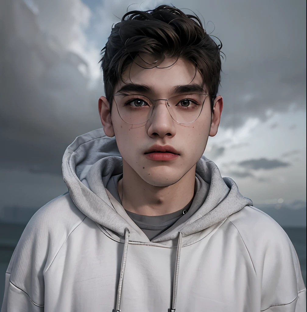 (masterpiece:1.2), (best quality:1.2), hyper realistic,highestres,absurdres,extremely detailed,volumetic,dramatic lighting,(frontal view),
20 year old boy,face,detailed eyes, grey hoodie, black t-shirt, with background ((sky))