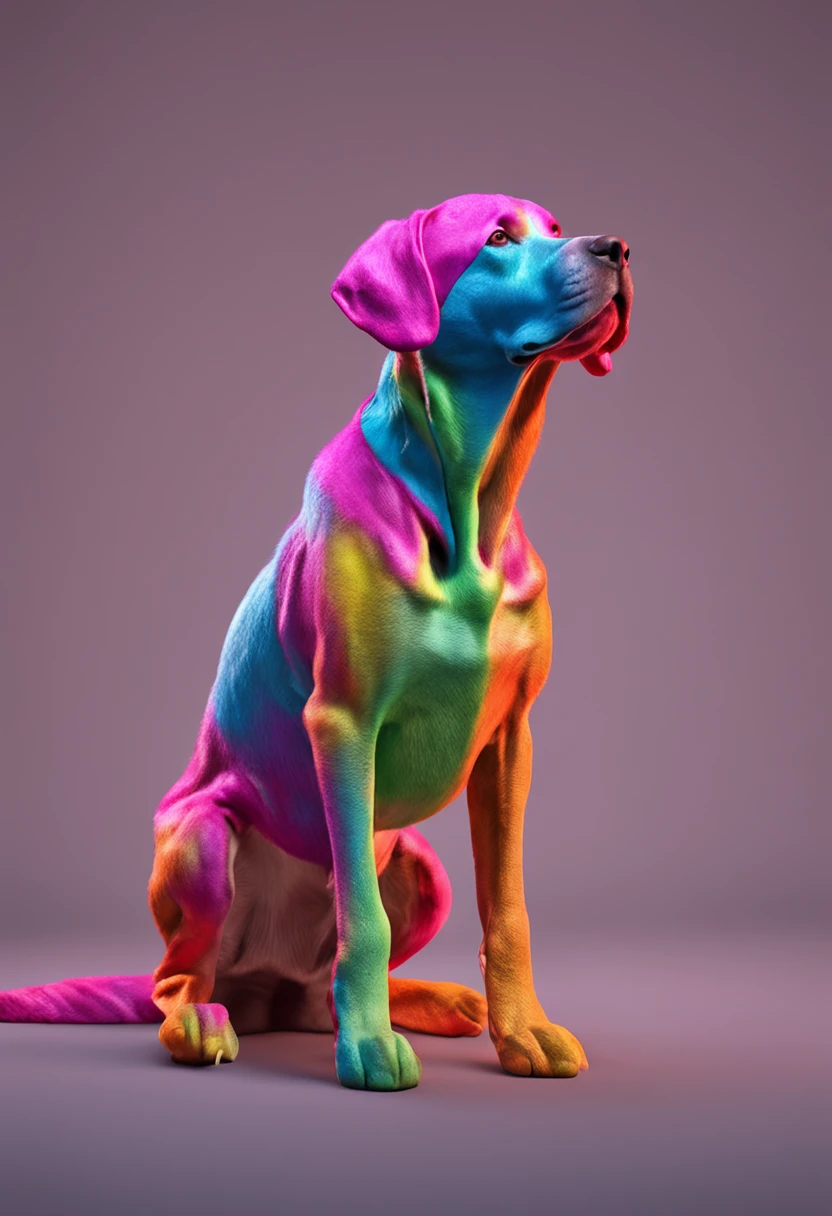 (anthropomorphism),(Full Body Shot), solo, Silence wench dog,  sad face, head down,Gray gradient background,(extremely colorful, Best quality, high detailed, Masterpiece, Cinematic Lighting, 4K, Chiaroscuro),