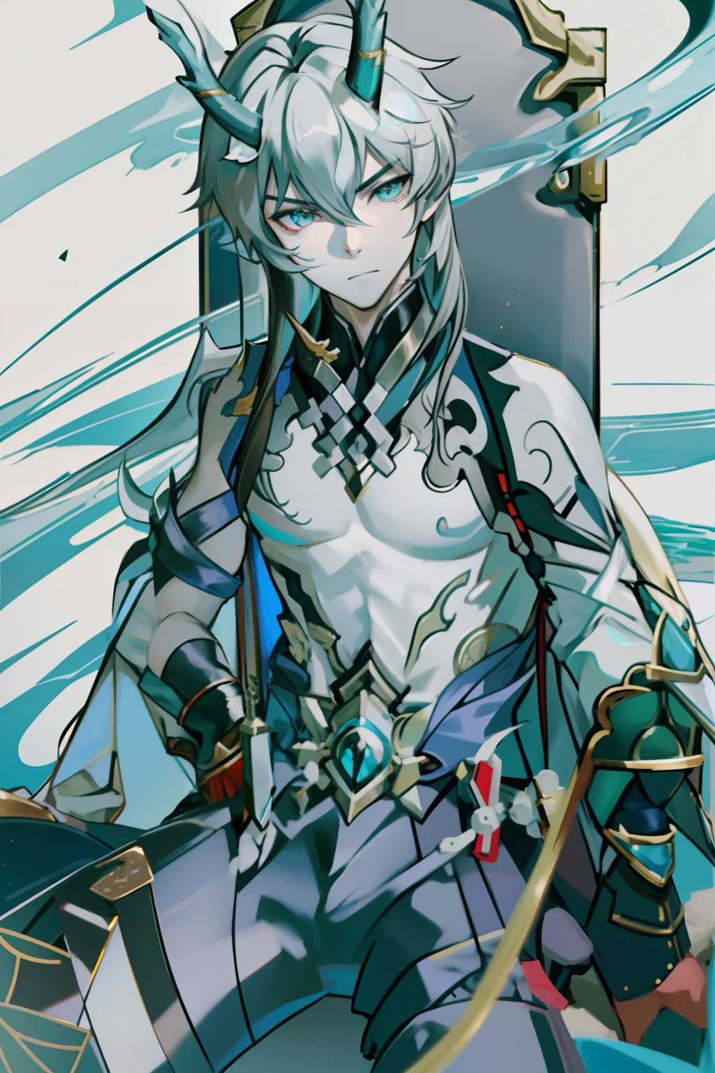 (absurderes,A high resolution,Hyper-detailing,hdr),Dragon's horn,younge boy,tmasterpiece,best qualtiy,1人,独奏,Handsome,Golden eyes,Fine eyes and detailed face,toppless,Tattooed with,arma,seated on a throne,Indifferent and arrogant,Abs,chest muscle,Raised sexy,Ruffian,Show your temperament,Male,masculine appeal,Male characteristics are distinct,Long messy hair,Arrogant,self-assured,Sitting majestically on the throne,Pondering,Legs crossed,white pantie,supreme,Lazy,Handsome,