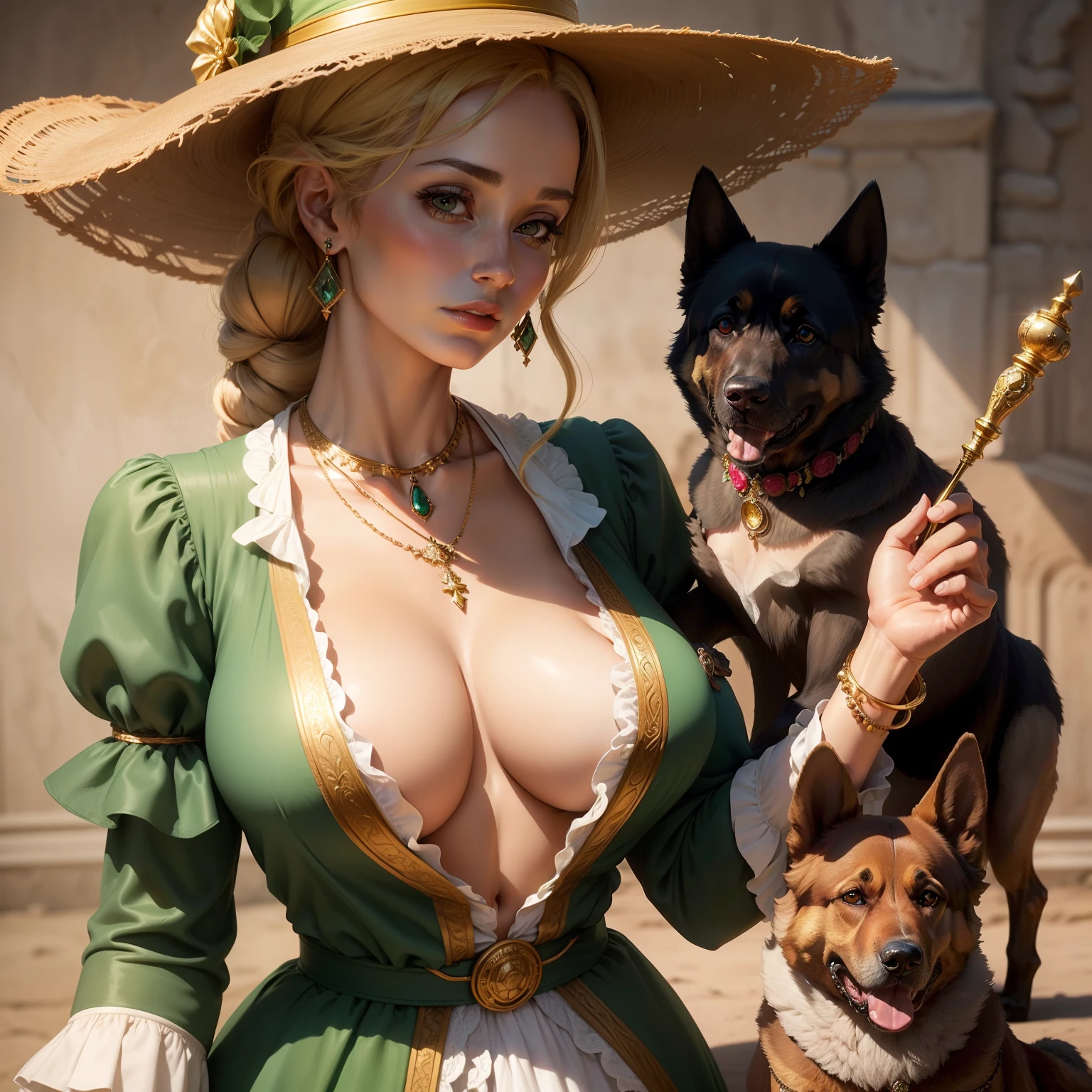 Busto de uma mulher loira 33 anos , with a green ribbon straw hat around them, well dressed in noble clothes of the 18th century with many jewels, a necklace of gold and diamonds with a large pipe in hand, a dagger resting between her breasts, and a German shepherd dog on the side;.