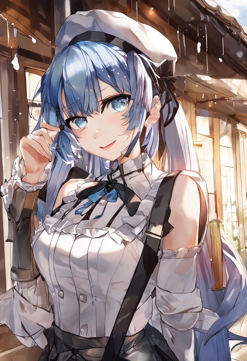Night, Colorful cyberpunk city background, rain, street, maid girl, Nazuna Shichikasa,With Fukano Yuta, Blue eyes, Shining eyes, Black stockings, The light from the back window is backlighted, Glow, looking up audience, Low Angle Lens, looking up lens, Perfectcomposition, Perfect light and shadow delicacy, 8K