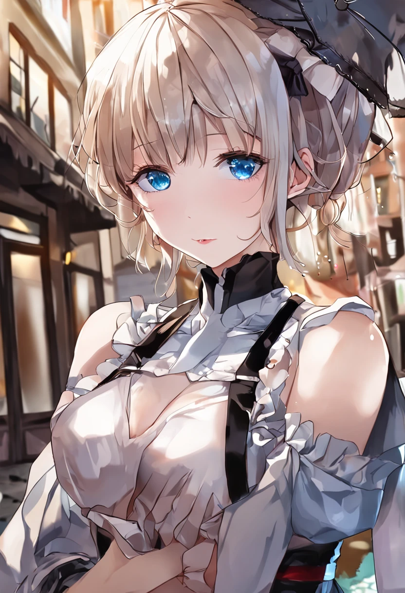 Night, Colorful cyberpunk city background, rain, street, maid girl, Nazuna Shichikasa,With Fukano Yuta, Blue eyes, Shining eyes, Black stockings, The light from the back window is backlighted, Glow, looking up audience, Low Angle Lens, looking up lens, Perfectcomposition, Perfect light and shadow delicacy, 8K