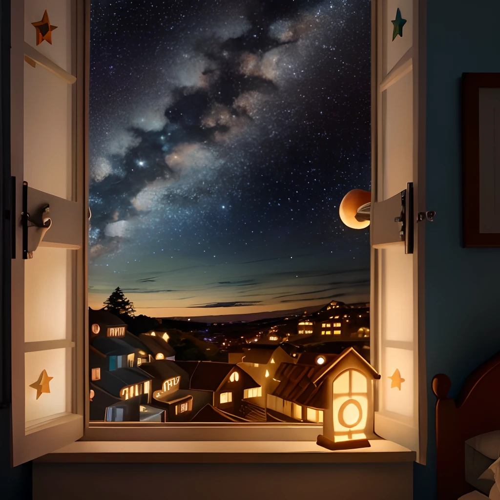 Um quarto aconchegante infantil, Estilo Pixar, de noite, Starry sky giving to see through the window