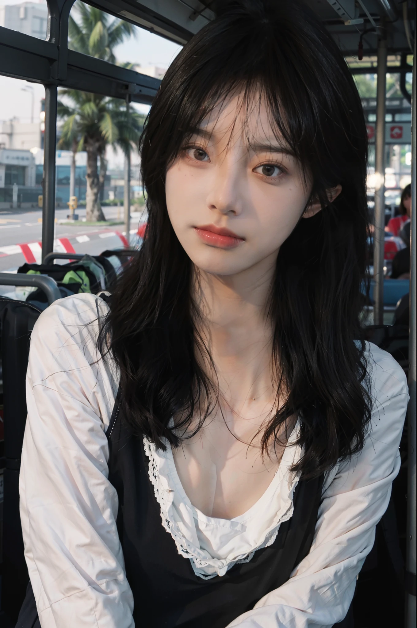 8K,best qualtiy,tmasterpiece,超高分辨率,(真实感:1.4),RAW photogr,(True skin texture:1.3),(filmgrain:1.3),(Selfie angle),1个Giant Breast Girl,Beautiful eye and face details,tmasterpiece,Best quality at best,closeup cleavage,swimming uniform,On the bus,