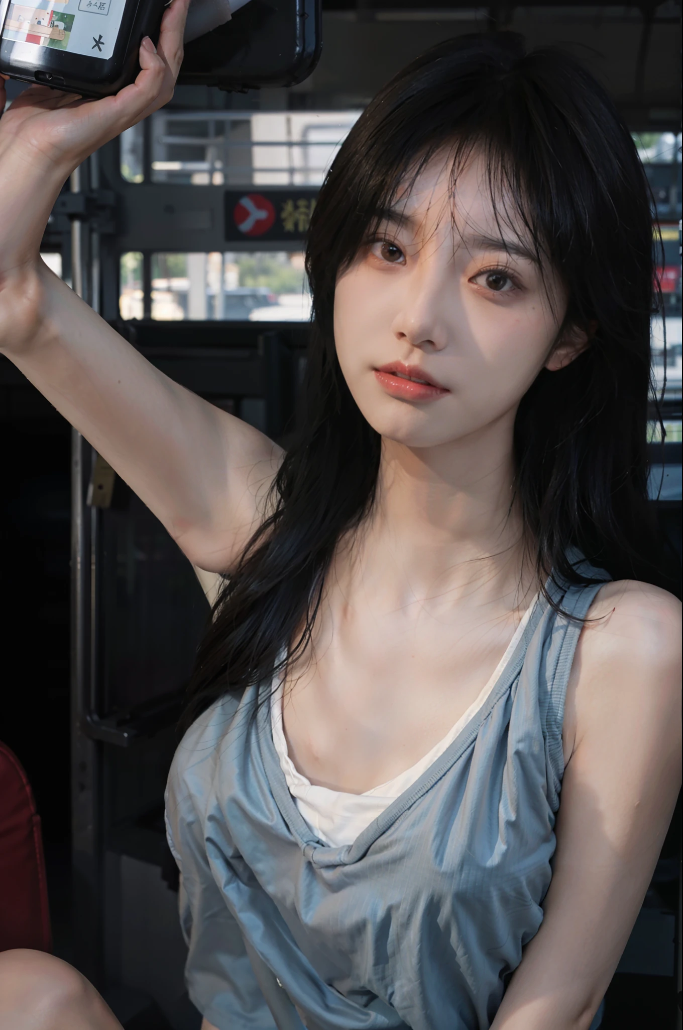 8K,best qulaity,The Masterpiece,ultra-highres,(真实感:1.4),OriginalPhotographs,(True skin texture:1.3),(filmgrain:1.3),(Selfie angle),1girl with big breasts,Beautiful eye and face details,The Masterpiece,best possible quality,Close up of a,upper-body,big boob,and wear no underwear