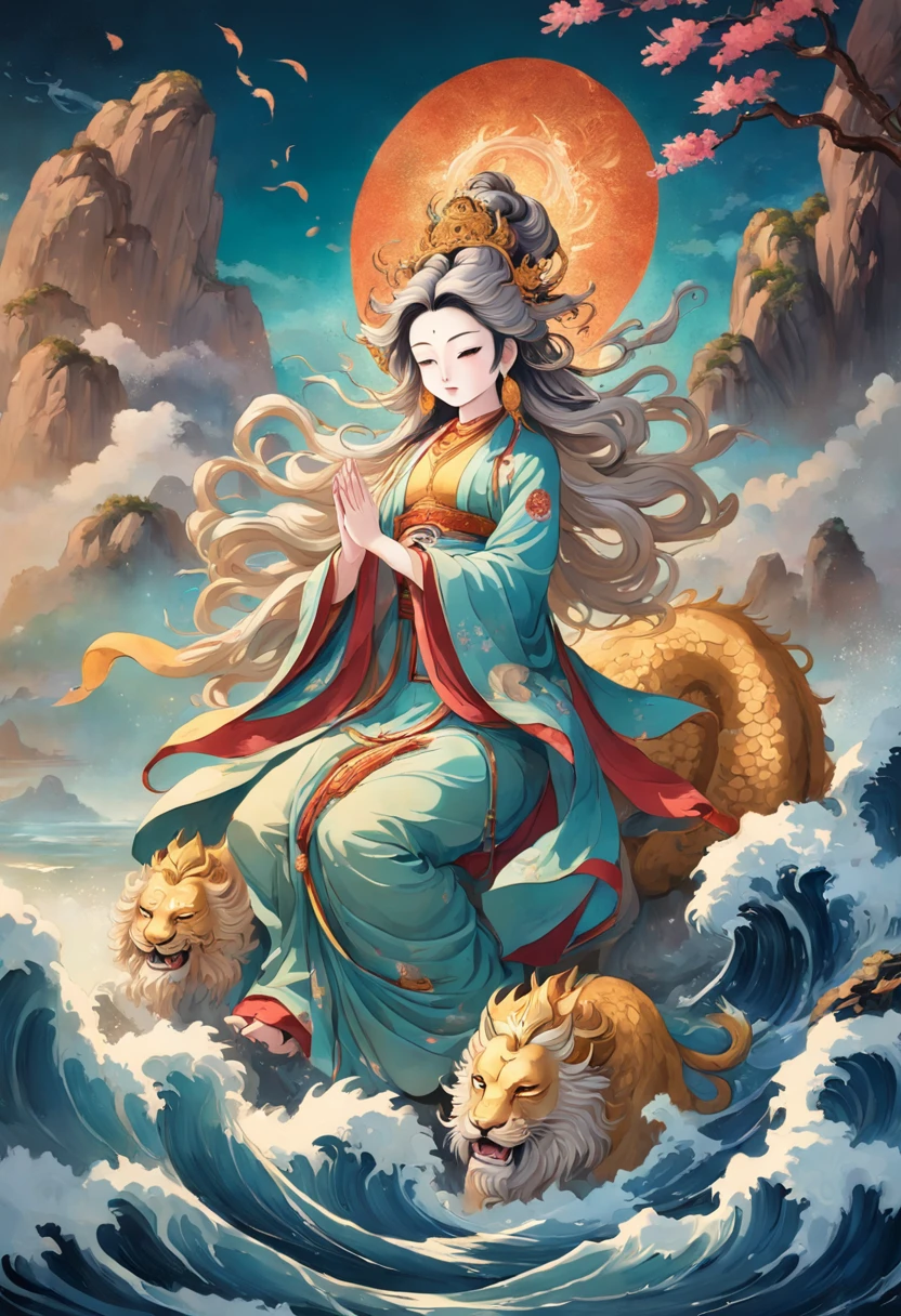an ancient Chinese goddess, guanyin of the southern seas, Guanyin, Inspired by India, Avalokiteshvara rides a lion,,Serene expression,shui mo hua,Buddha,Buddhist,Lotus,Chinese painting style,Thangka style
