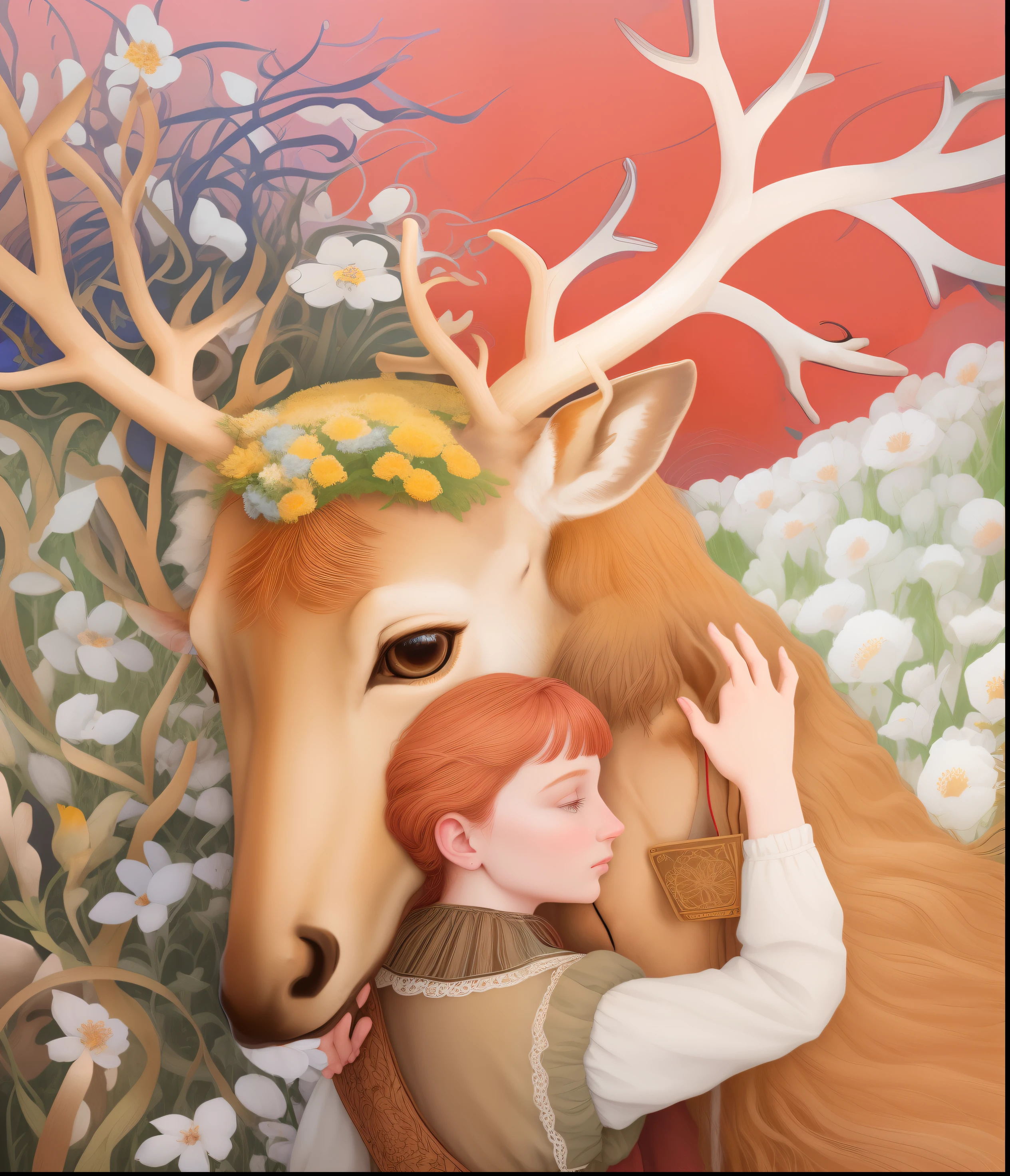 Painting of a girl hugging a deer in a field of flowers, Directed by: Igor Grabar, inspirado em William Holman Hunt, Slavic folk fairy tale, Directed by: Michael Sutfin, Directed by: Diane Dillon, inspirado em Ruth Sanderson, Directed by: Don Reichert, Directed by: Penny Patricia Poppycock, Directed by: Neysa McMein, Directed by: Jean Hey, Directed by: Kathleen Scott, Jane Newland