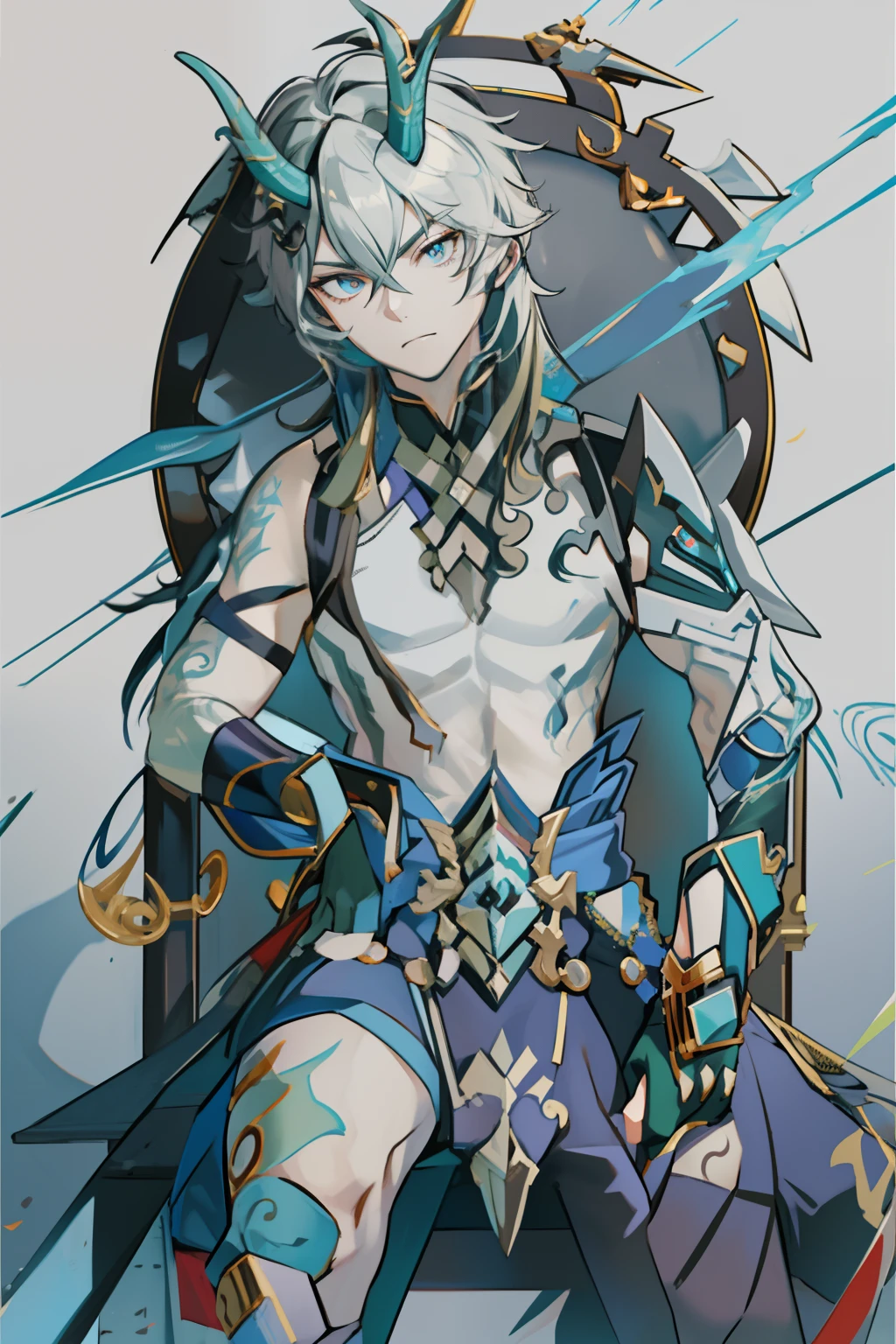 young boy, femboi, femboi , Long white hair, dragon horns, Heteroromy, left purple, and the right golden eye, White transparent robe, open torso, White tattoo, Masterpiece, hiquality