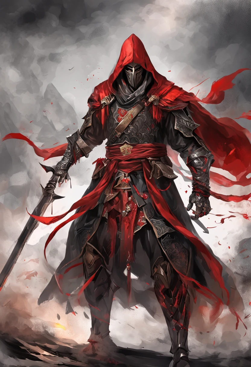 (ultra-detailed CG unit 8k wallpaper, Master parts, Best quality, depth of fields, hdr, 复杂), Tall, The sinister Dark Assassin wears a metal mask，Bright red eyes，Light and dark armor，Behind him is wearing a discreet red cloak，Holding a sharp dagger in his arms，Step into a burning village, (复杂: 1.4) (Master parts: 1.4) (illustration: 1.4), Red studio lighting, Post-processing, 8K resolution, deep dark background, imponent, Well-composed photos, impressive, dark fantacy (director: greg rutkovsky: 1.2), (Darken: 1.5)