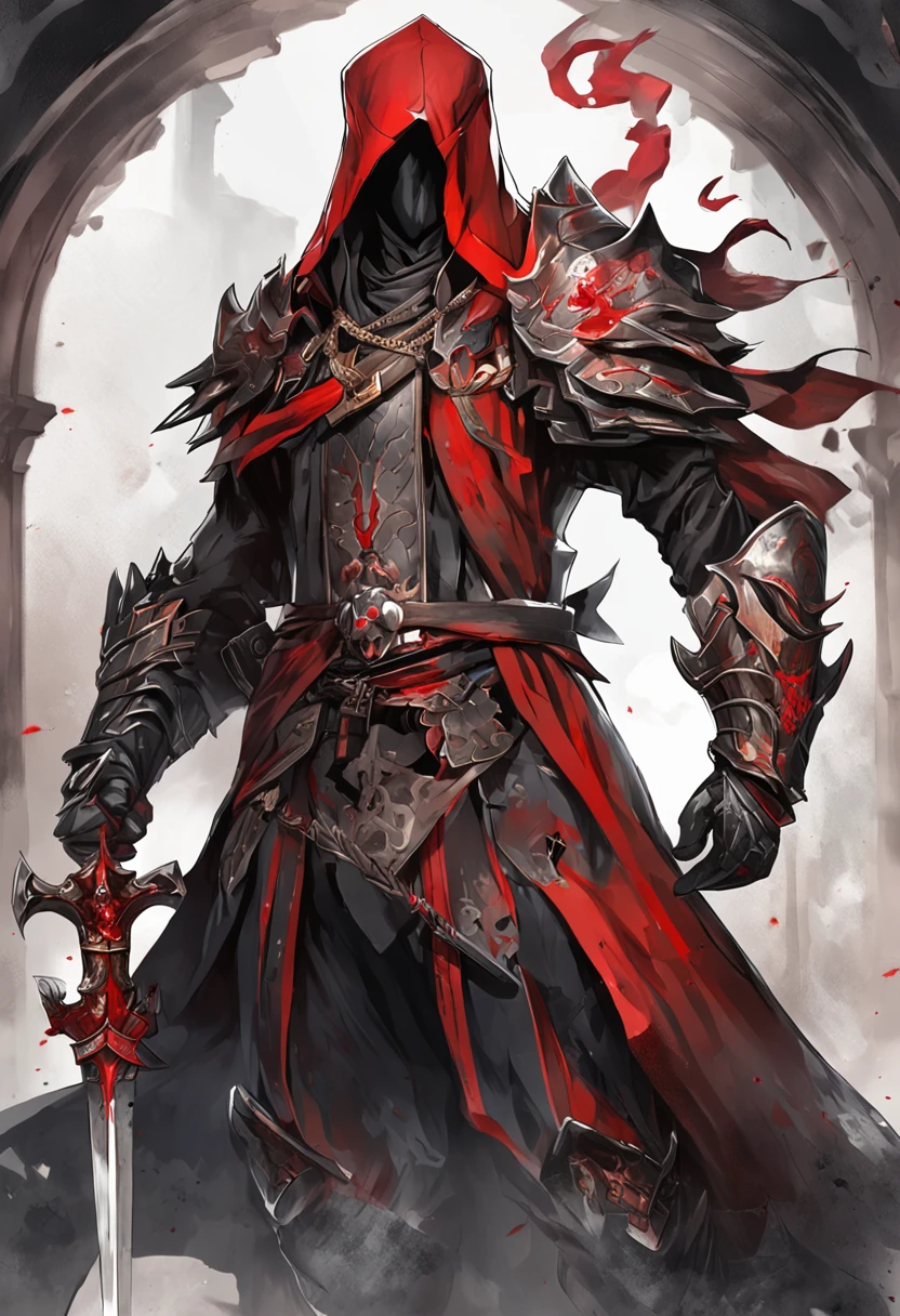 (ultra-detailed CG unit 8k wallpaper, Master parts, Best quality, depth of fields, hdr, 复杂), Tall, The sinister Dark Assassin wears a metal mask,Bright red eyes,Light and dark armor,Behind him is wearing a discreet red cloak,Holding a sharp dagger in his arms,Step into a burning village, (复杂: 1.4) (Master parts: 1.4) (illustration: 1.4), Red studio lighting, Post-processing, 8K resolution, deep dark background, imponent, Well-composed photos, impressive, dark fantacy (director: greg rutkovsky: 1.2), (Darken: 1.5)